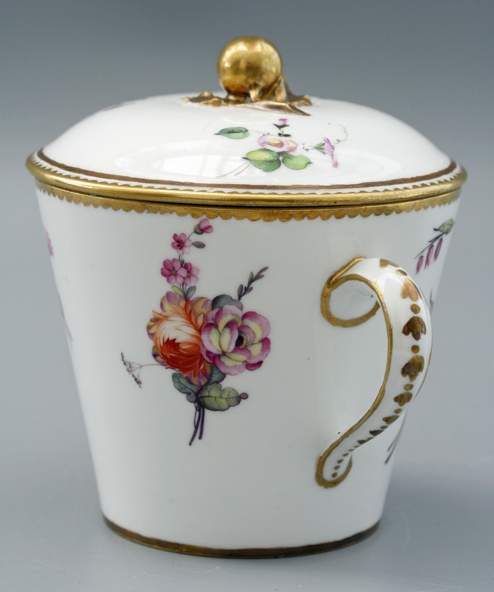 Rococo Sèvres French Porcelain Floral Painted Lidded Twin Handled Chocolate Cup & Stand