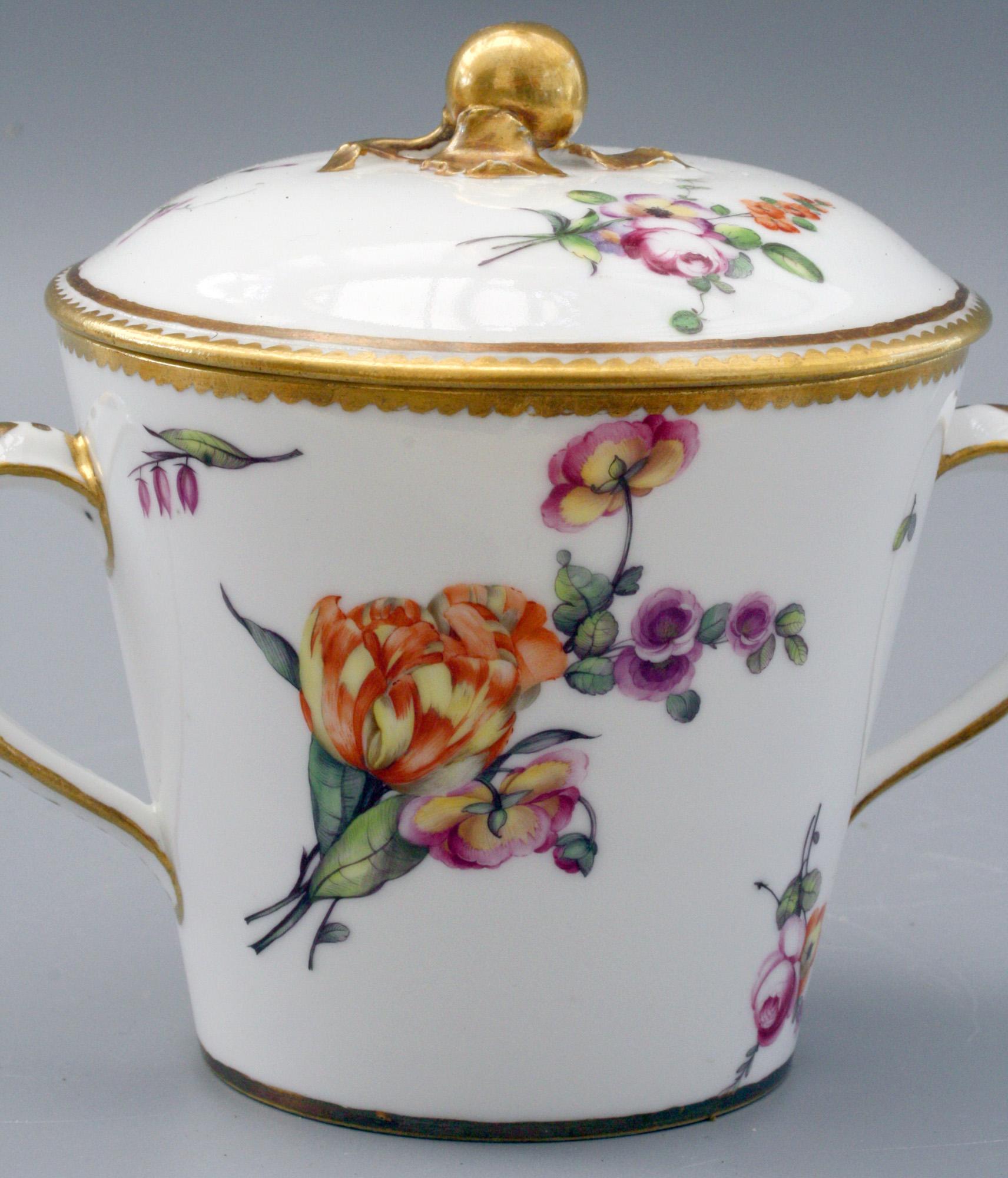 Hand-Painted Sèvres French Porcelain Floral Painted Lidded Twin Handled Chocolate Cup & Stand