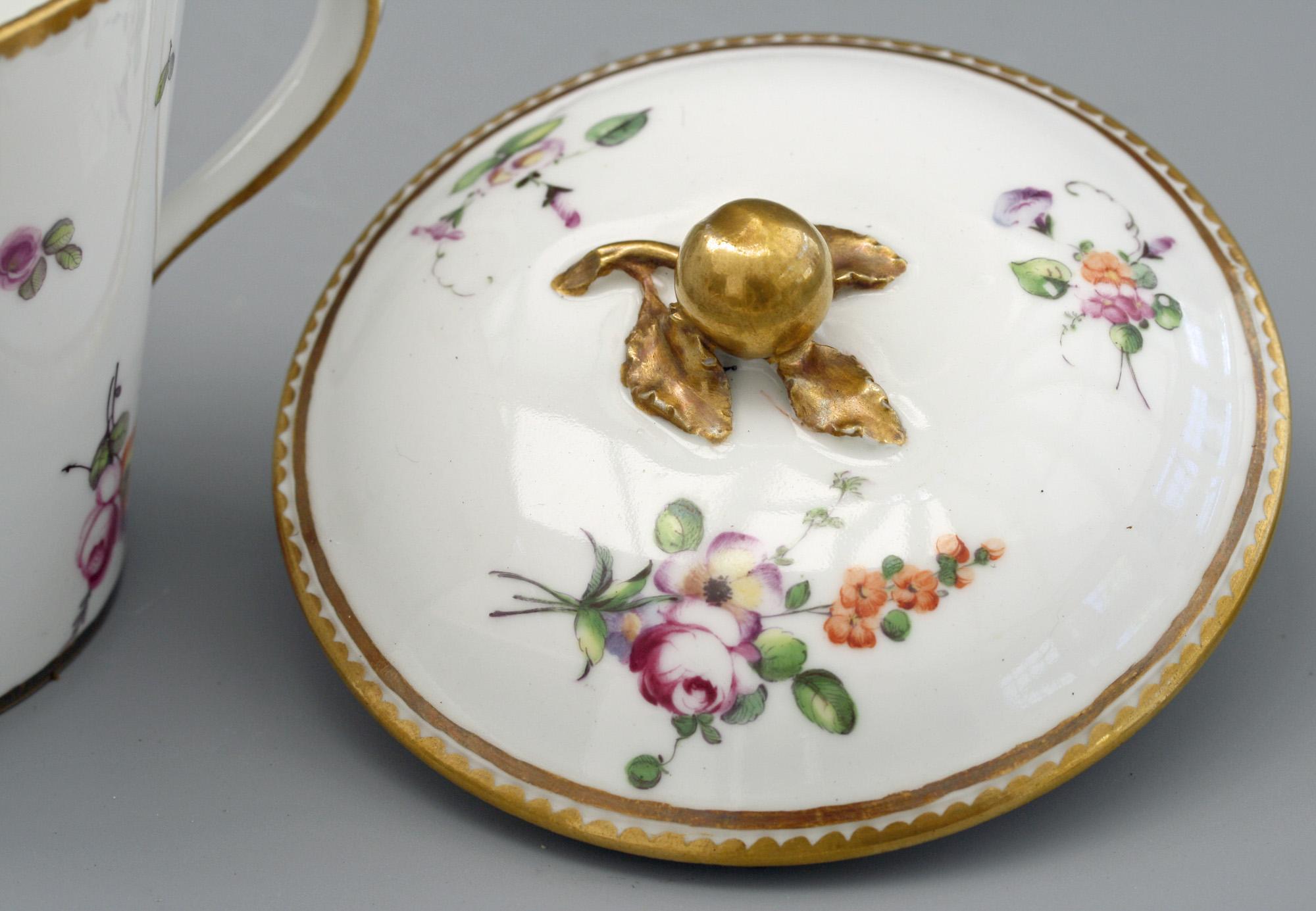 Late 18th Century Sèvres French Porcelain Floral Painted Lidded Twin Handled Chocolate Cup & Stand