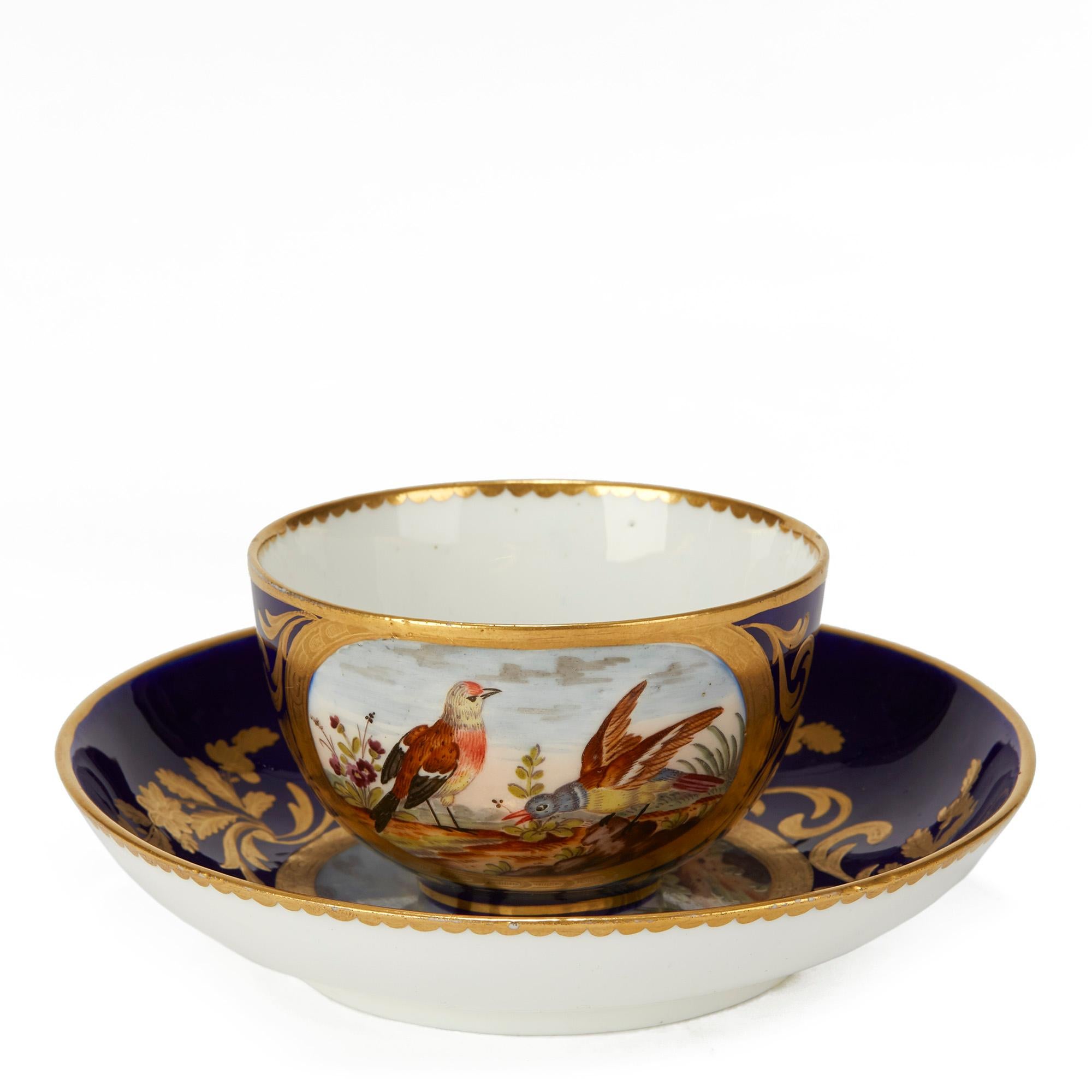 Sèvres French Porcelain Hand Painted Teacup and Saucer with Bird Scenes, 1791 For Sale 2