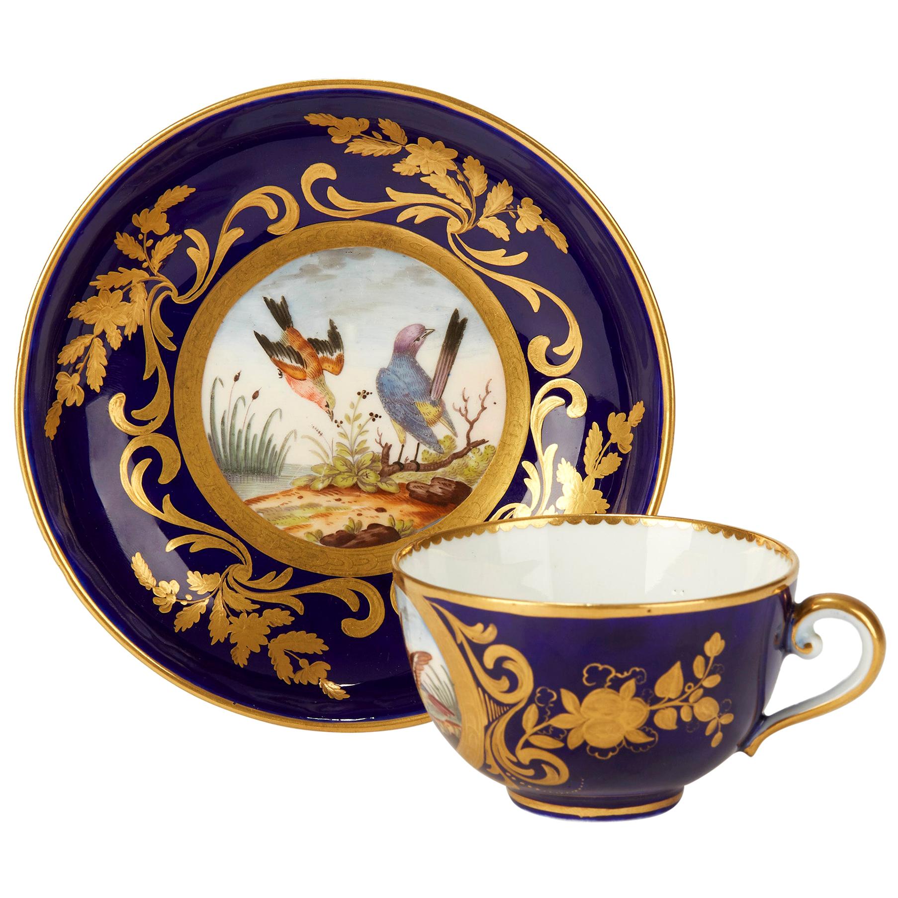 Sèvres French Porcelain Hand Painted Teacup and Saucer with Bird Scenes, 1791