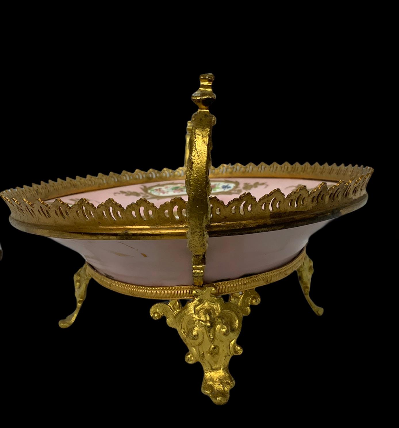 Sevres Gilt Bronze Hand Painted Porcelain Mounted Oval Dish Centerpiece 2