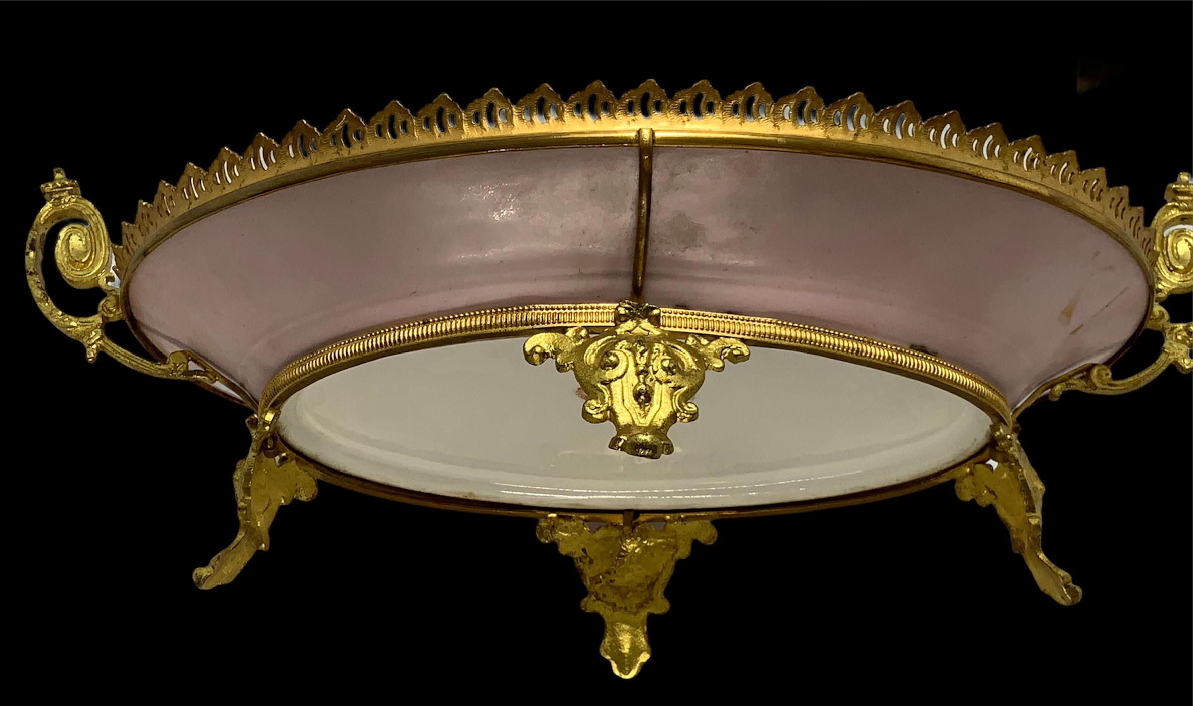 Sevres Gilt Bronze Hand Painted Porcelain Mounted Oval Dish Centerpiece 3