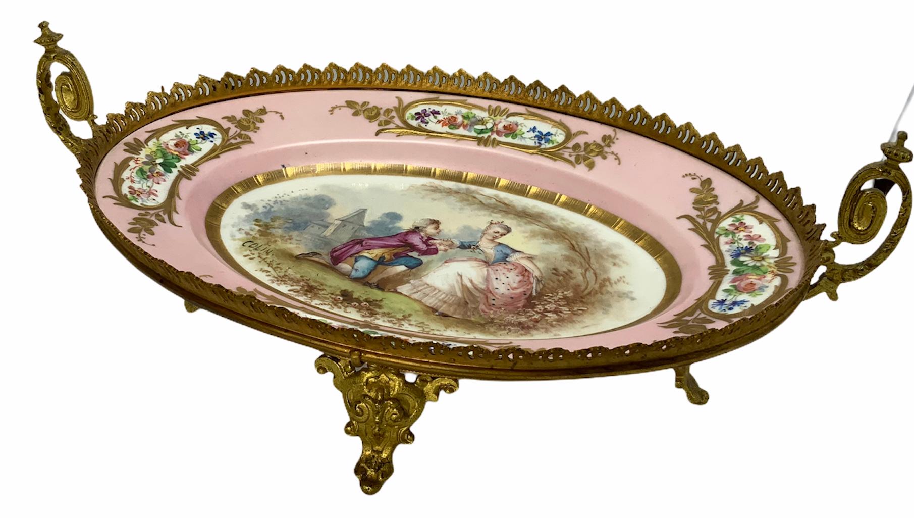 Neoclassical Sevres Gilt Bronze Hand Painted Porcelain Mounted Oval Dish Centerpiece