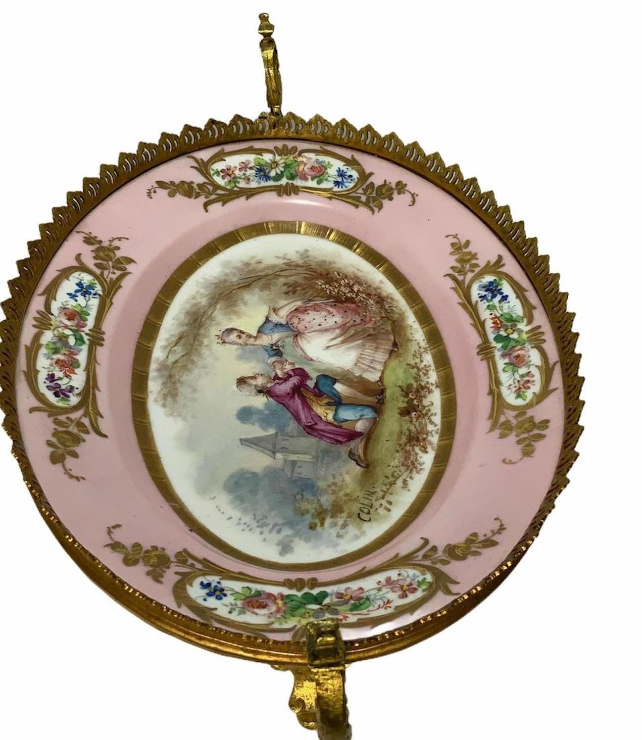 French Sevres Gilt Bronze Hand Painted Porcelain Mounted Oval Dish Centerpiece