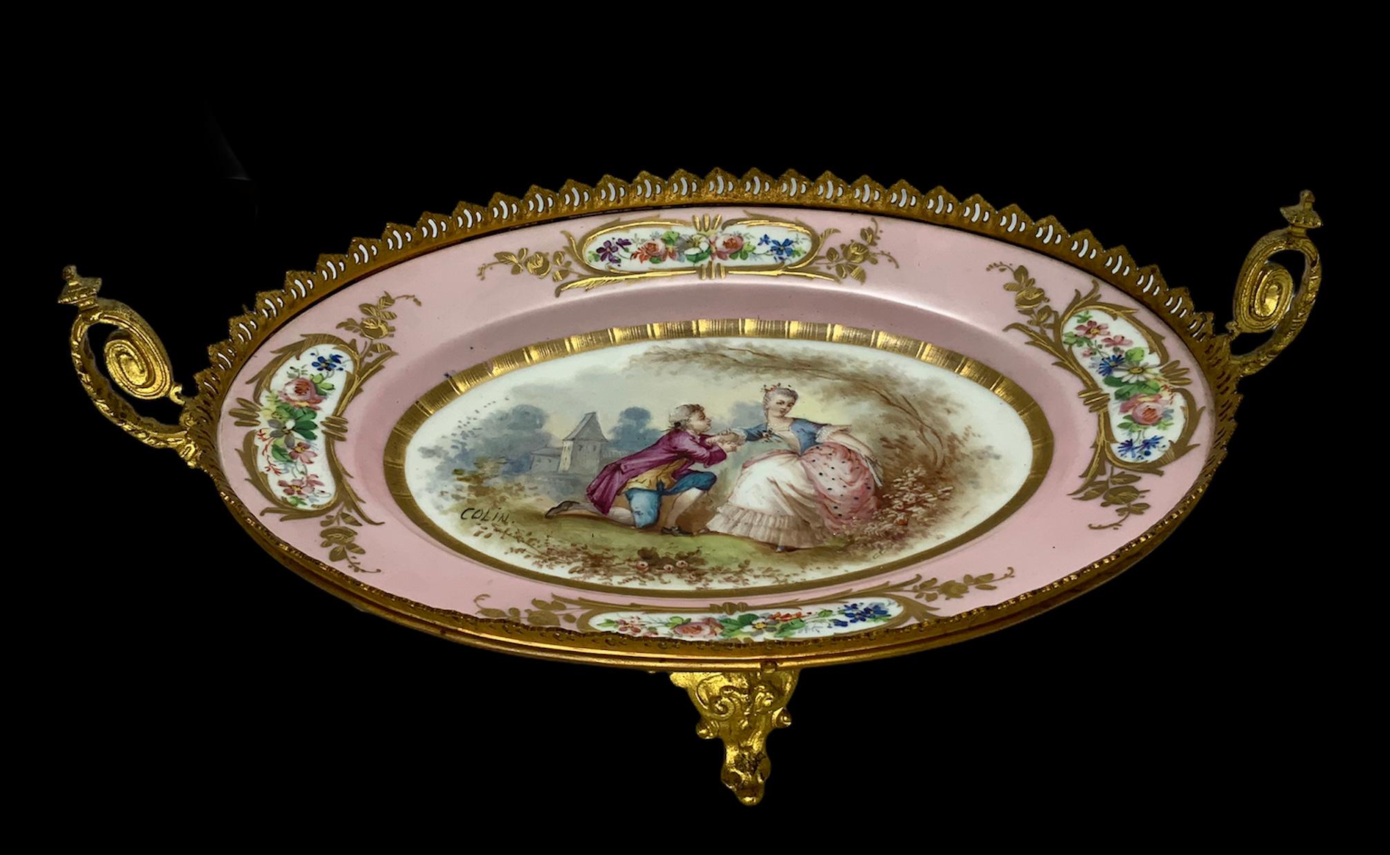 Hand-Painted Sevres Gilt Bronze Hand Painted Porcelain Mounted Oval Dish Centerpiece
