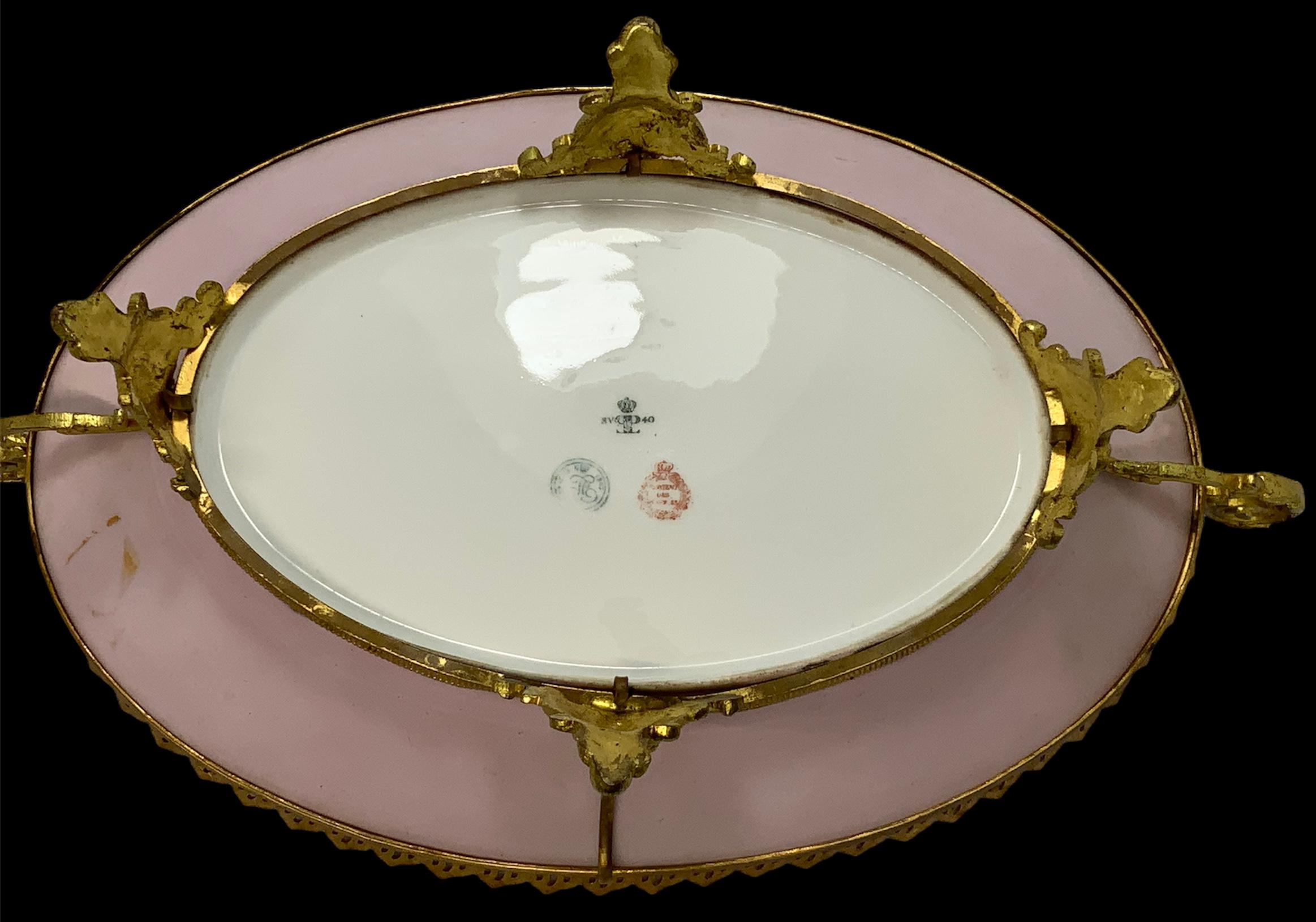 19th Century Sevres Gilt Bronze Hand Painted Porcelain Mounted Oval Dish Centerpiece