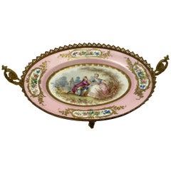 Antique Sevres Gilt Bronze Hand Painted Porcelain Mounted Oval Dish Centerpiece