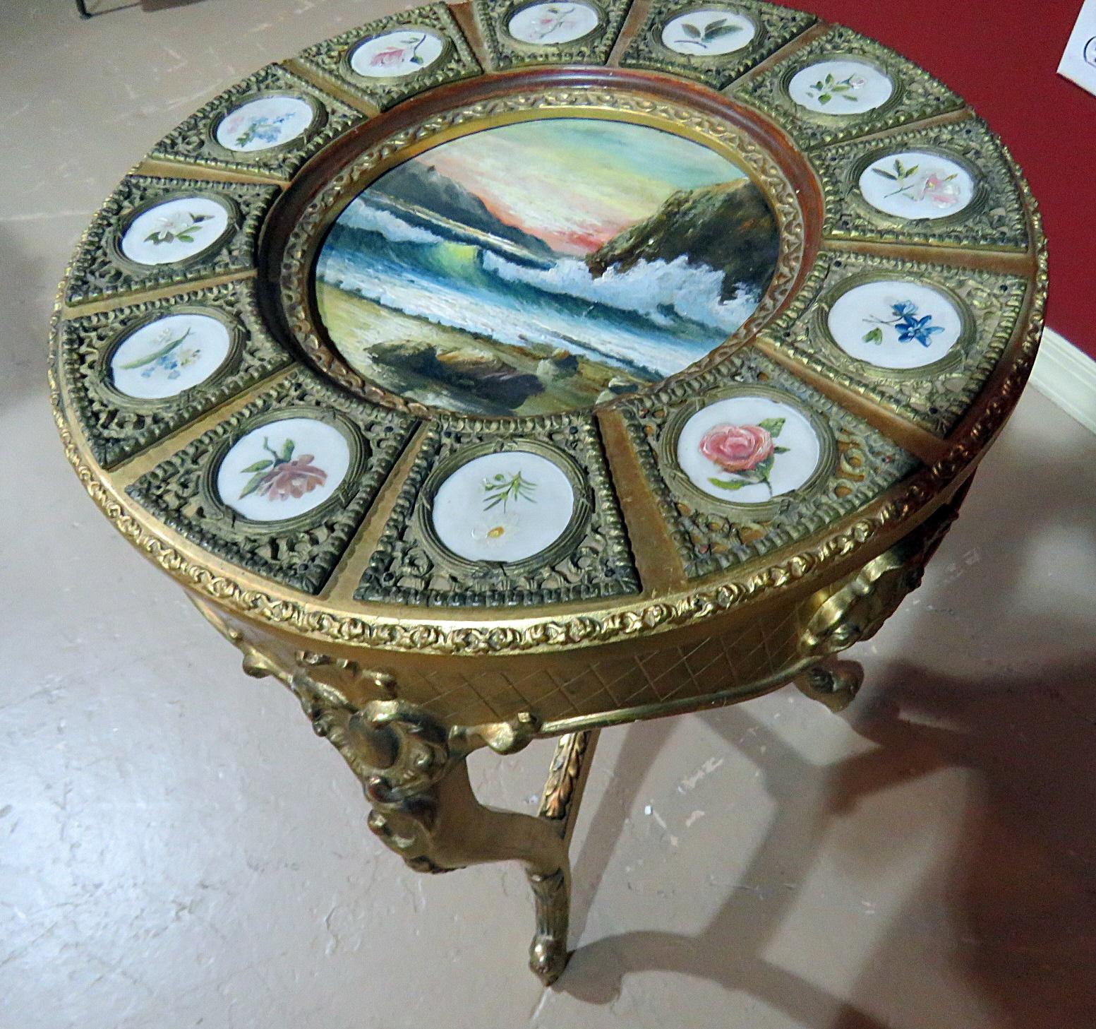 French Painted Sevres Gilt Decorated Side Table with Oil Painting Inset Top In Good Condition In Swedesboro, NJ