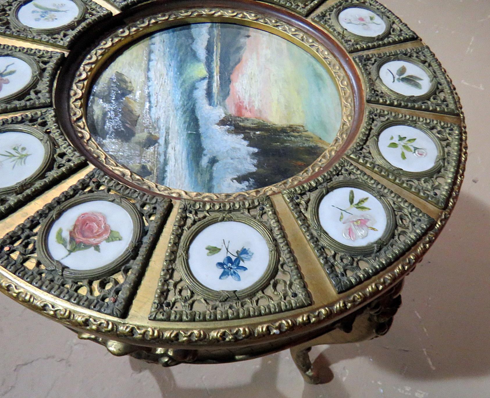 Wood French Painted Sevres Gilt Decorated Side Table with Oil Painting Inset Top