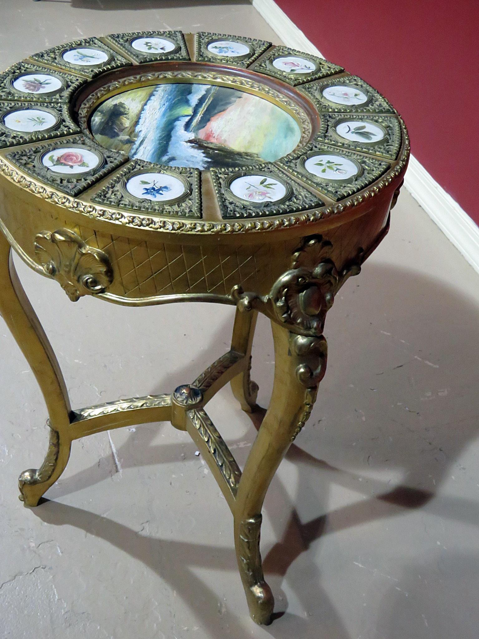 French Painted Sevres Gilt Decorated Side Table with Oil Painting Inset Top 1