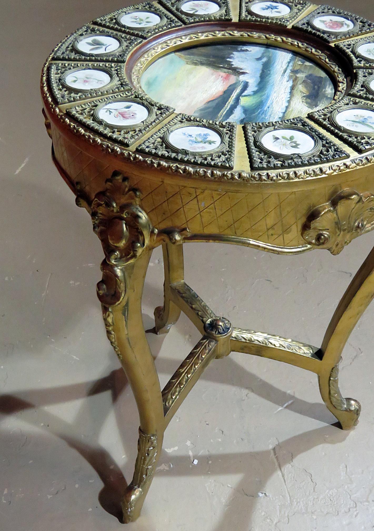 French Painted Sevres Gilt Decorated Side Table with Oil Painting Inset Top 2