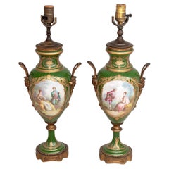 Sevres Green Ground Vases Mounted as Lamps, Pair