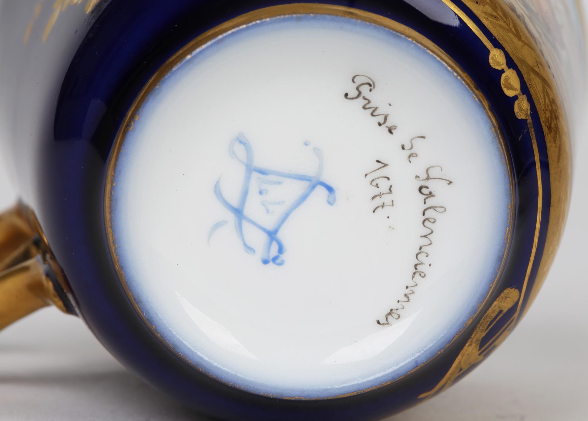 French Sevres Hand Painted Matched Porcelain Cabinet Cup and Saucer For Sale