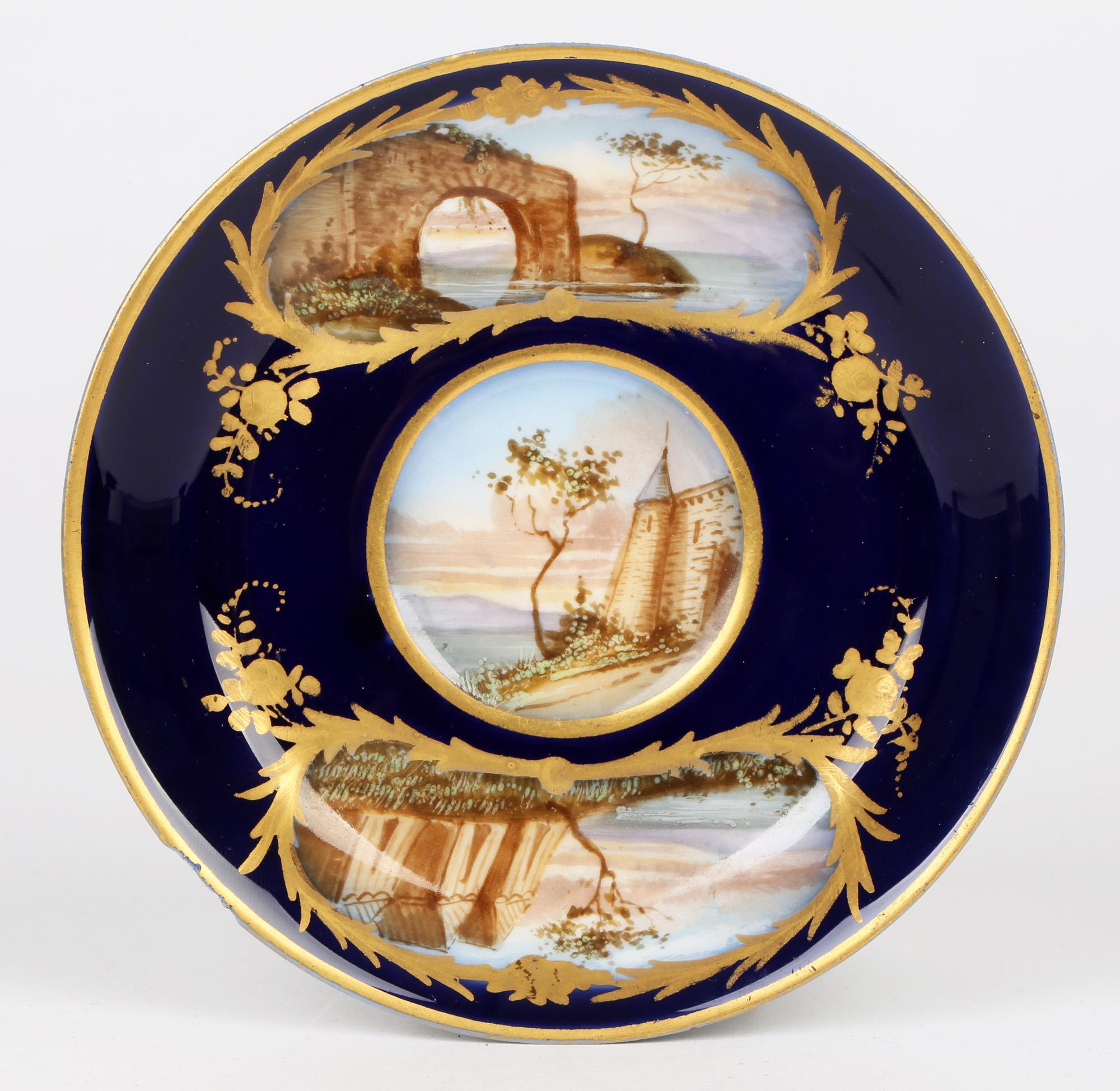 Gilt Sevres Hand Painted Matched Porcelain Cabinet Cup and Saucer For Sale