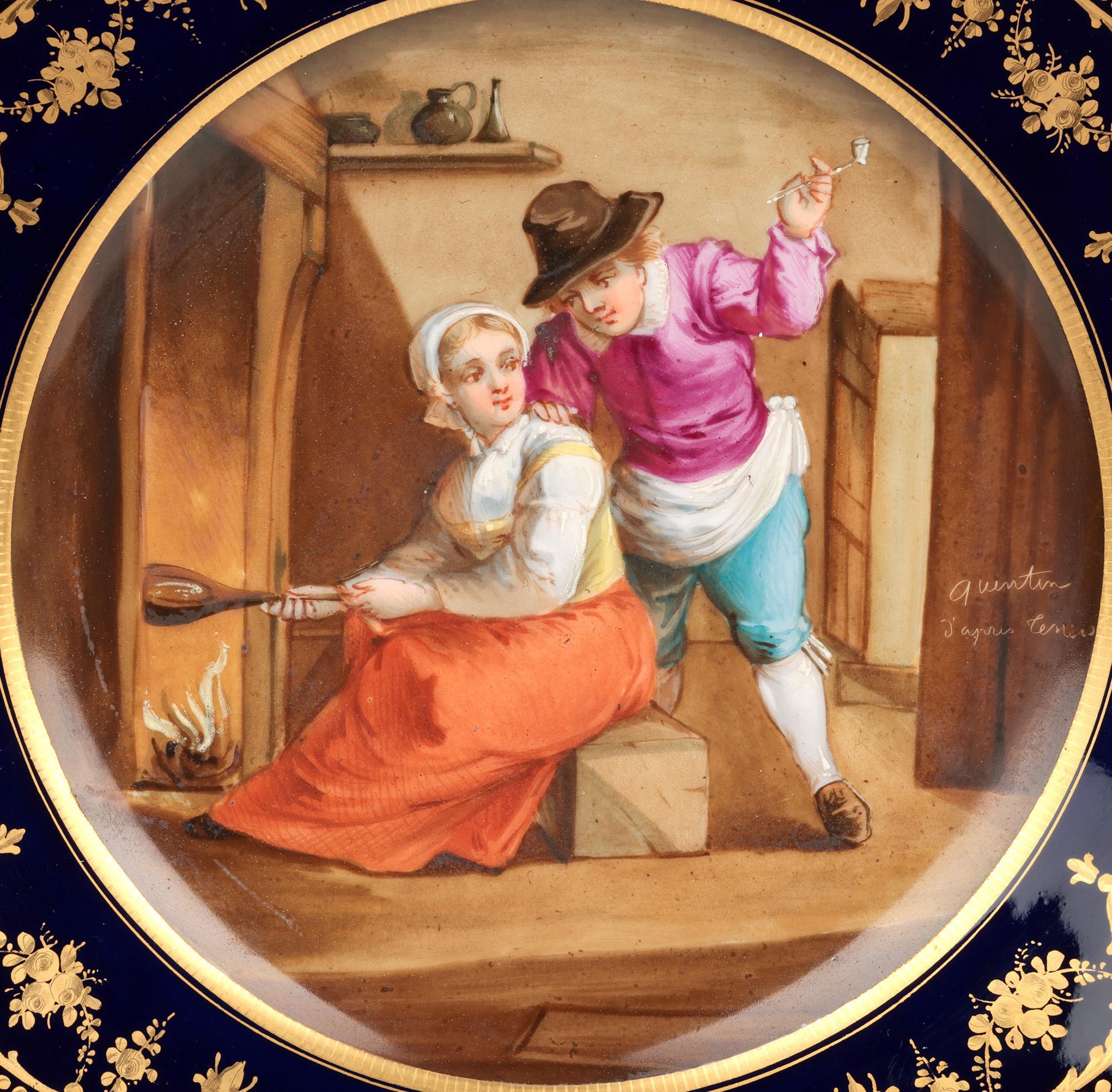 A stunning antique hand painted French porcelain cabinet plate with a scene of a couple by renowned porcelain maker Sevres and dating around 1848. The finely made plate is of rounded form with a raised scalloped rim which has been richly gilded with