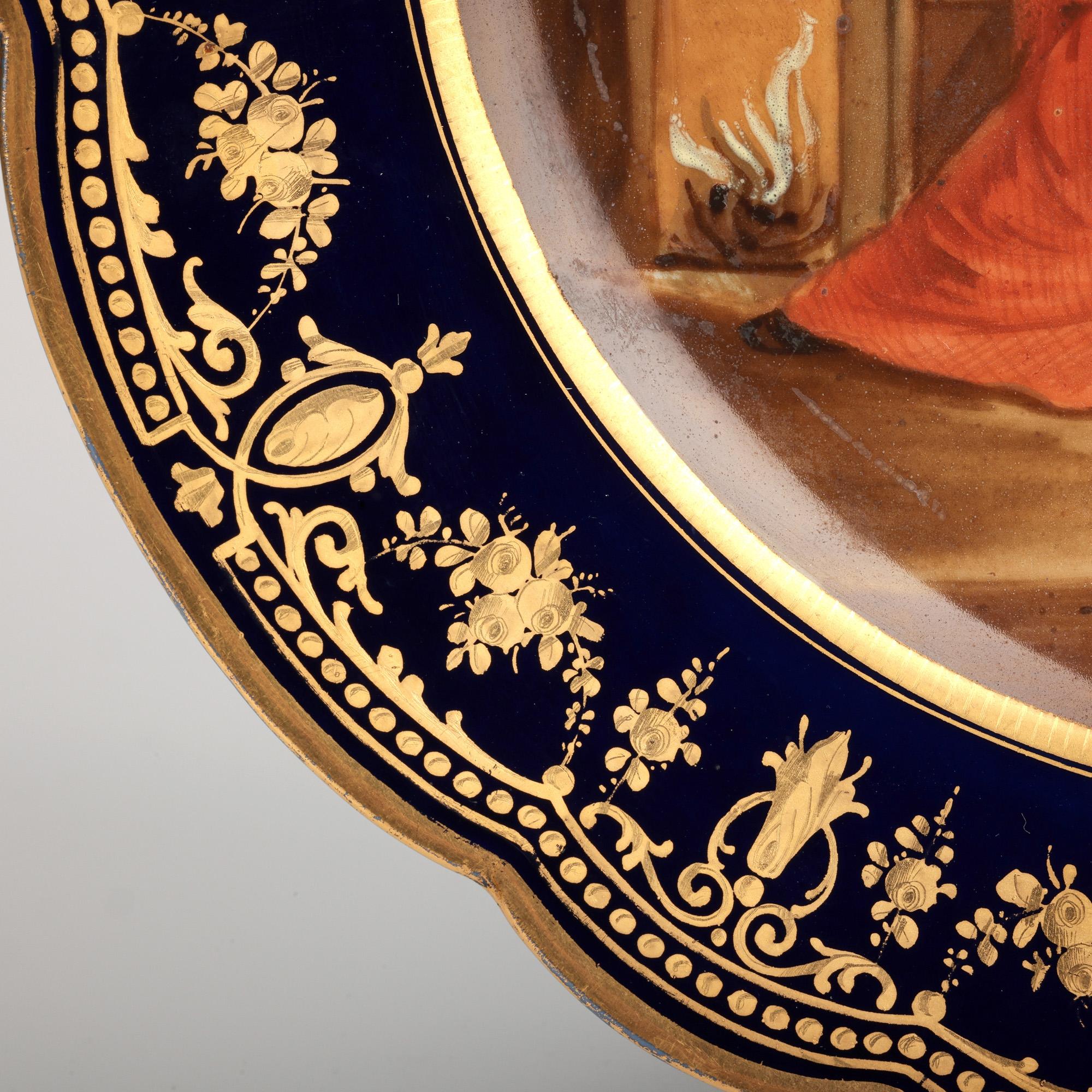 French Sevres Hand Painted Tavern Scene Porcelain Cabinet Plate Signed For Sale