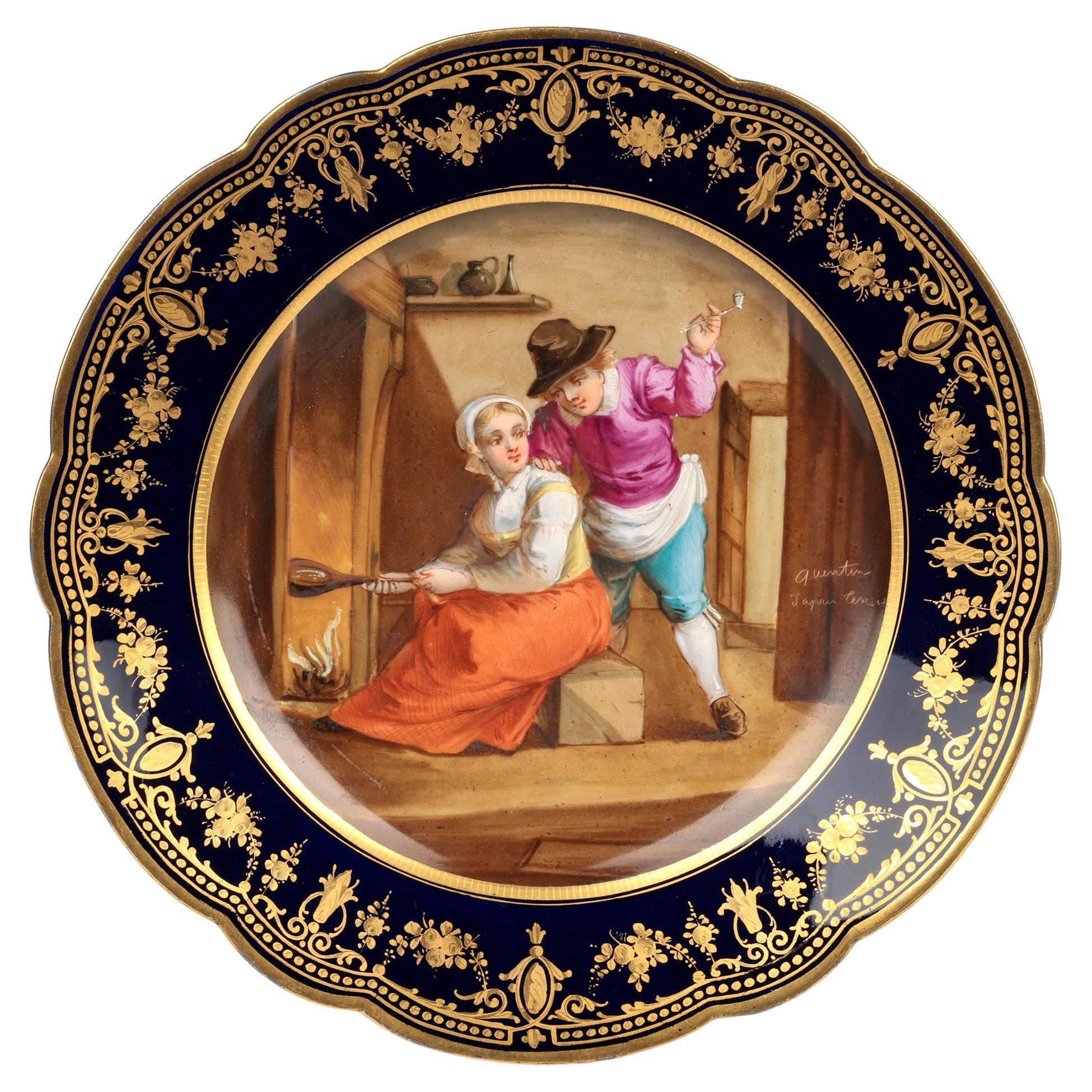 Sevres Hand Painted Tavern Scene Porcelain Cabinet Plate Signed For Sale