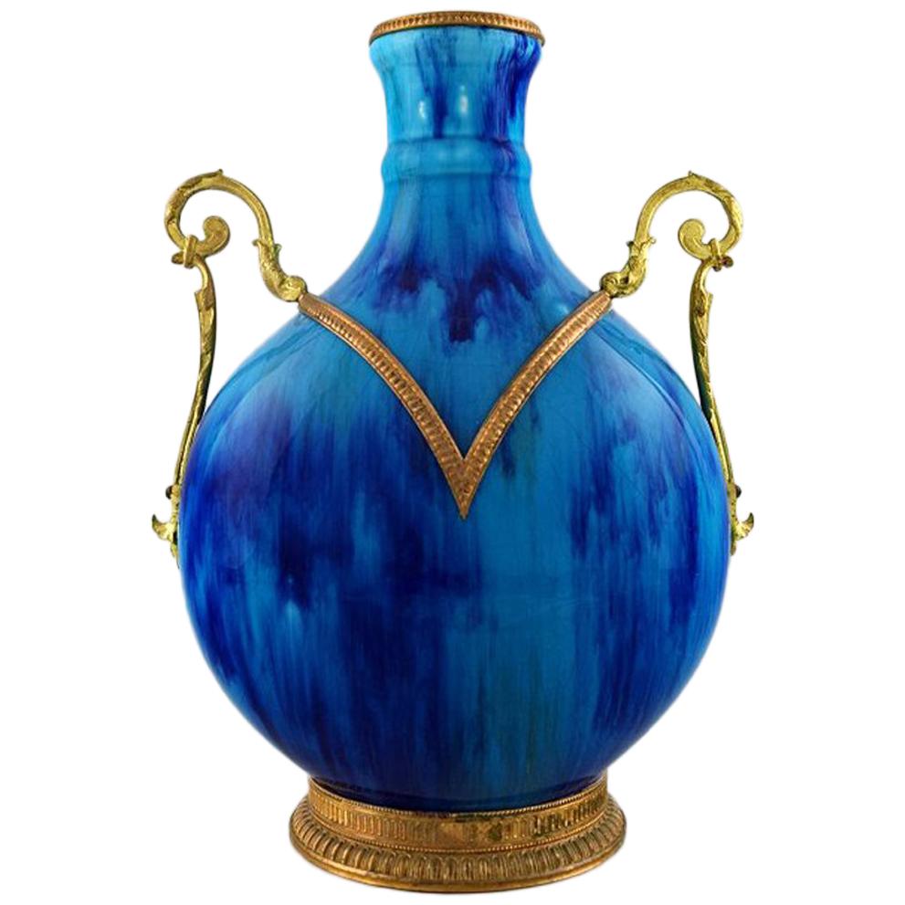 Sevres Large Vase in Faience, Hand-Painted in Turquoise Overglaze