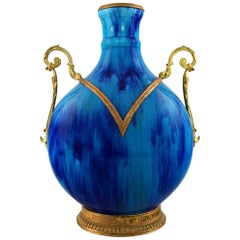 Sevres Large Vase in Faience, Hand-Painted in Turquoise Overglaze