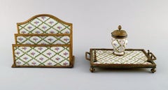 Sevres / Limoges Style, Desk Garniture in Hand Painted Porcelain and Brass