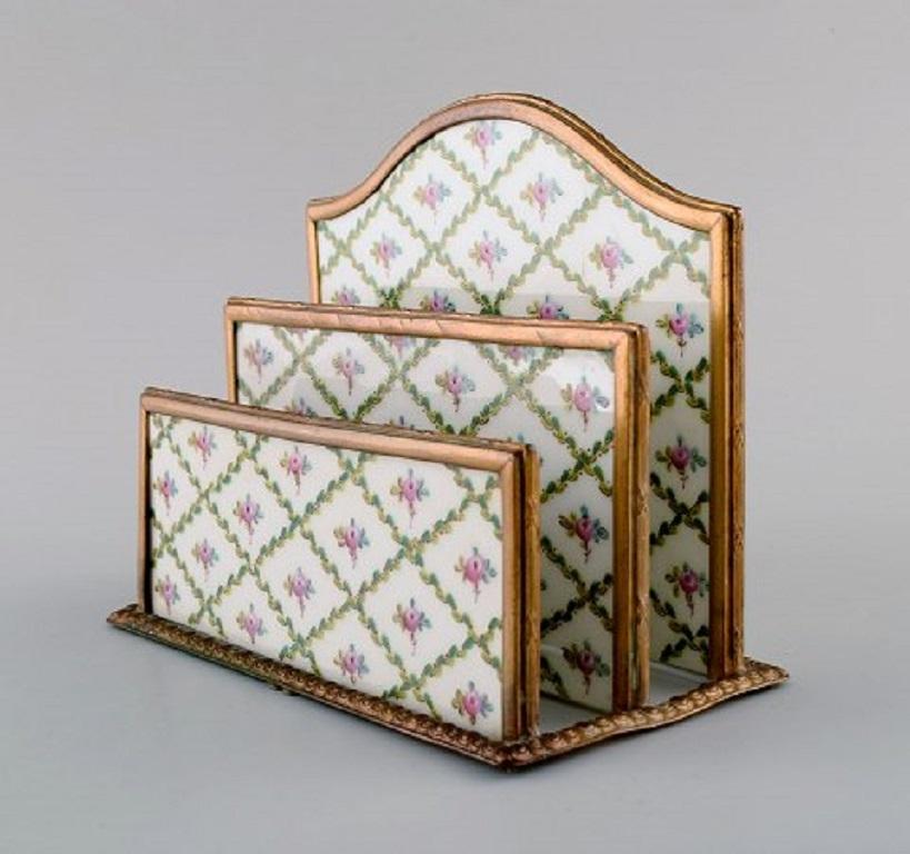 French Sevres / Limoges Style, Desk Garniture in Hand Painted Porcelain and Brass