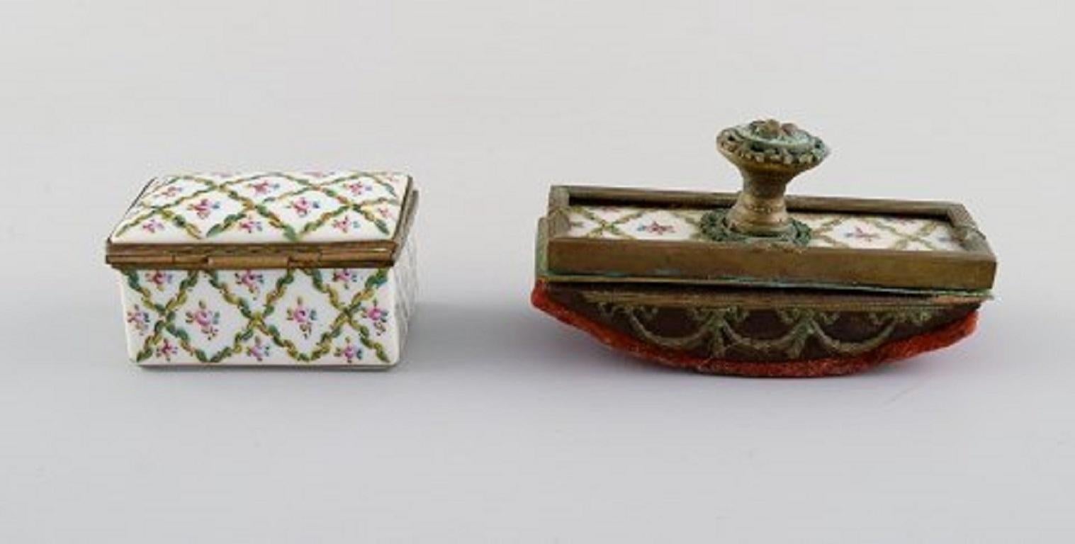 20th Century Sevres / Limoges Style, Desk Garniture in Hand Painted Porcelain and Brass