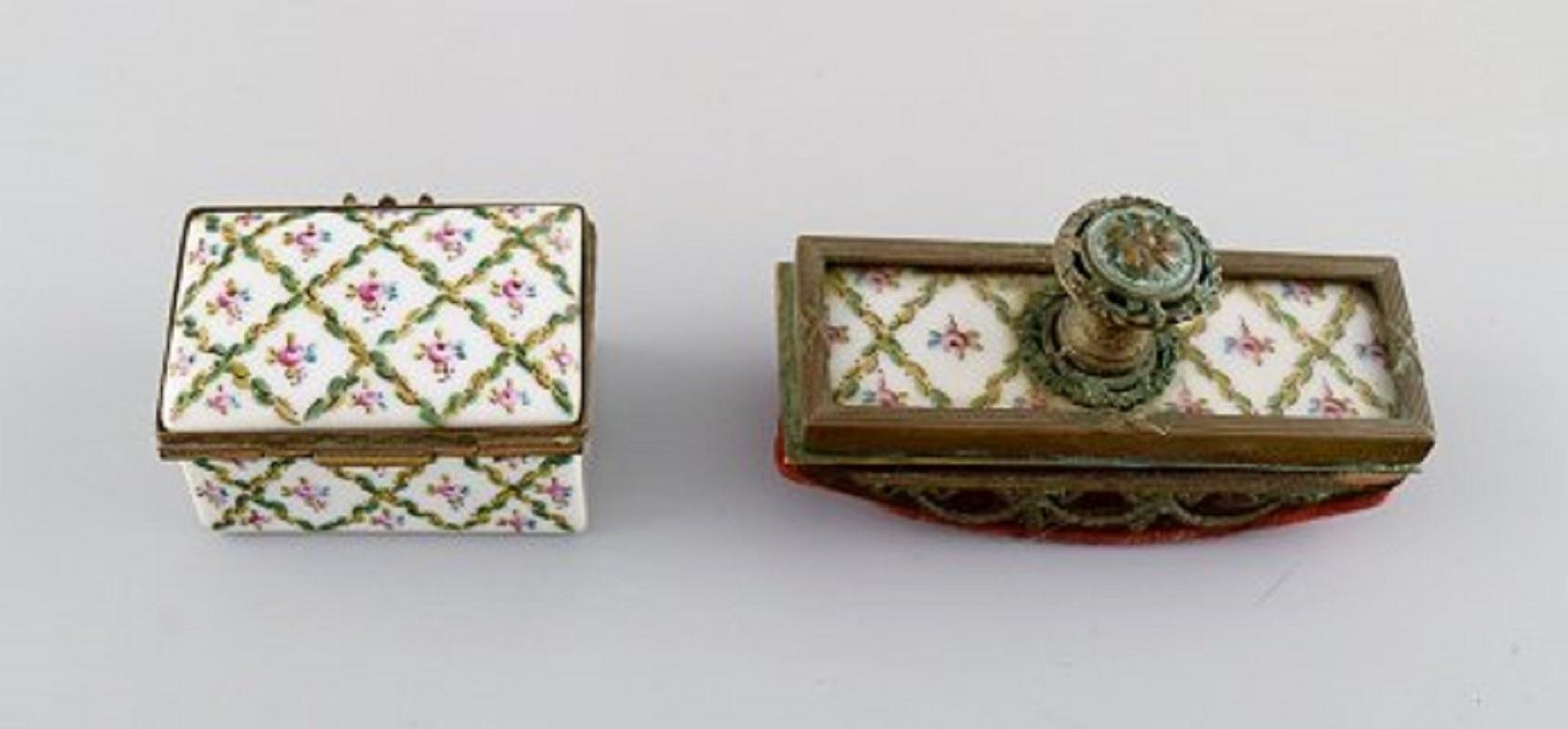 Sevres / Limoges Style, Desk Garniture in Hand Painted Porcelain and Brass 1