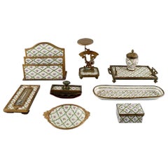Antique Sevres / Limoges Style, Desk Garniture in Hand Painted Porcelain and Brass