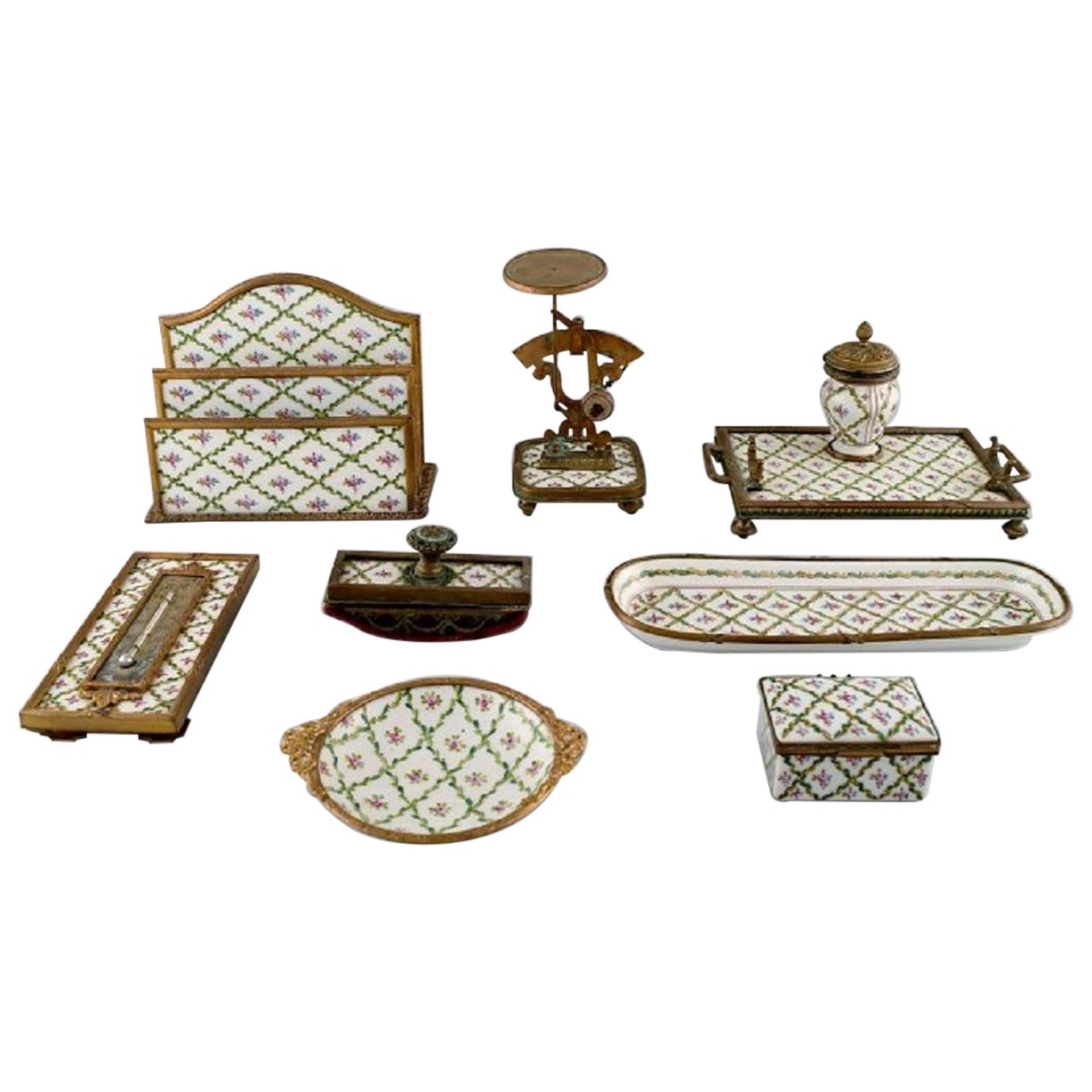 Sevres / Limoges Style, Desk Garniture in Hand Painted Porcelain and Brass