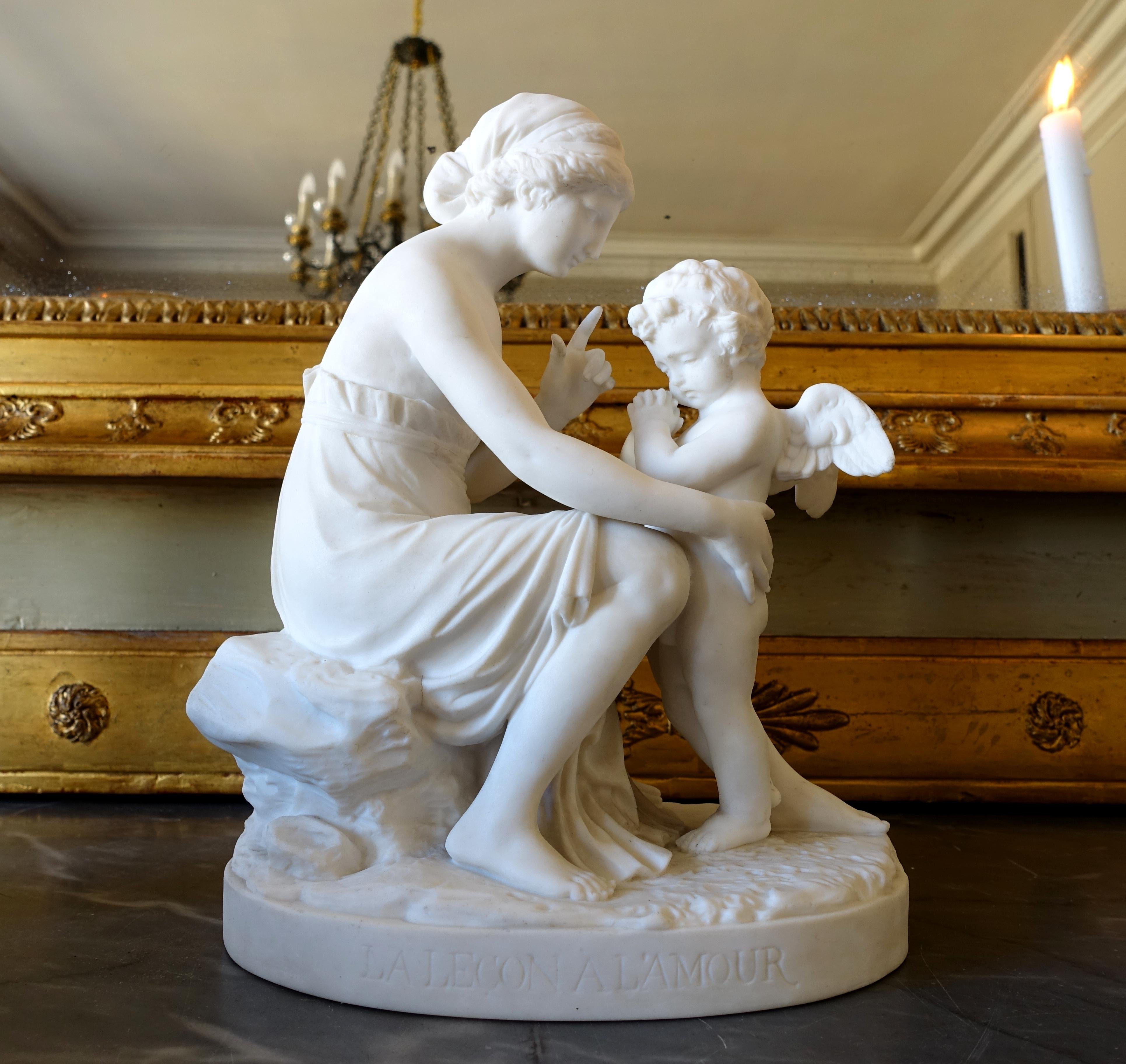 Neoclassical style porcelain biscuit scene featuring the Lesson to Love after the work of Louis Simon Boizot : a woman wearing an antique-style dress sermonizing at Love, a remorseful putti.
Louis Simon Boizot is one of the most famous 18th century