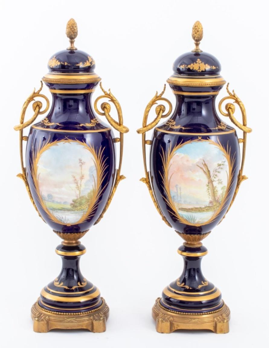 French Provincial Sevres Ormolu Mounted Cobalt Porcelain Urns, Pair