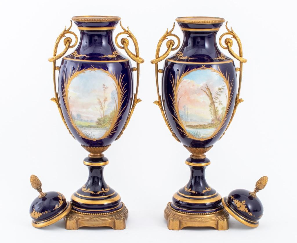 Gilt Sevres Ormolu Mounted Cobalt Porcelain Urns, Pair