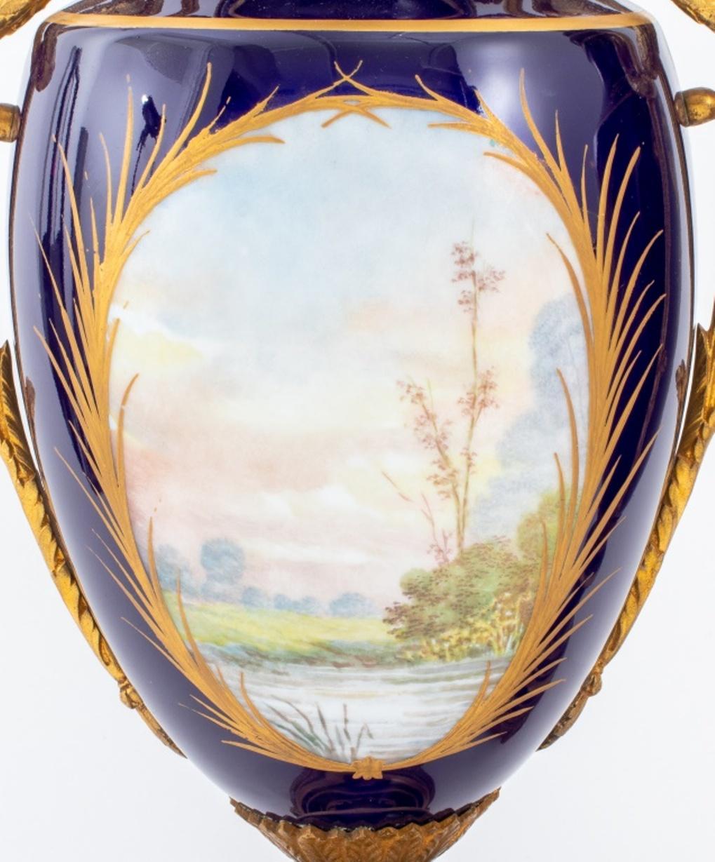 20th Century Sevres Ormolu Mounted Cobalt Porcelain Urns, Pair