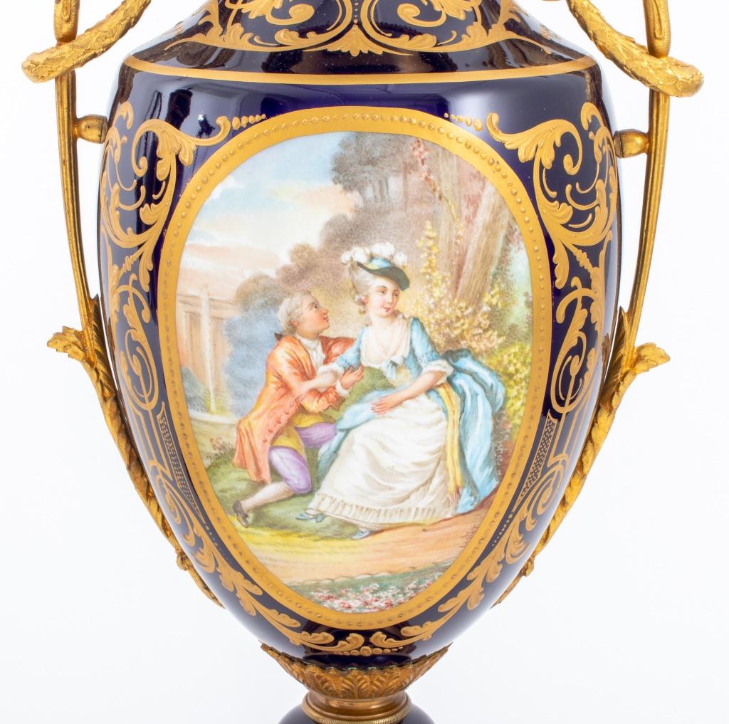 Sevres Ormolu Mounted Cobalt Porcelain Urns, Pair 1