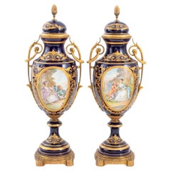 Vintage Sevres Ormolu Mounted Cobalt Porcelain Urns, Pair