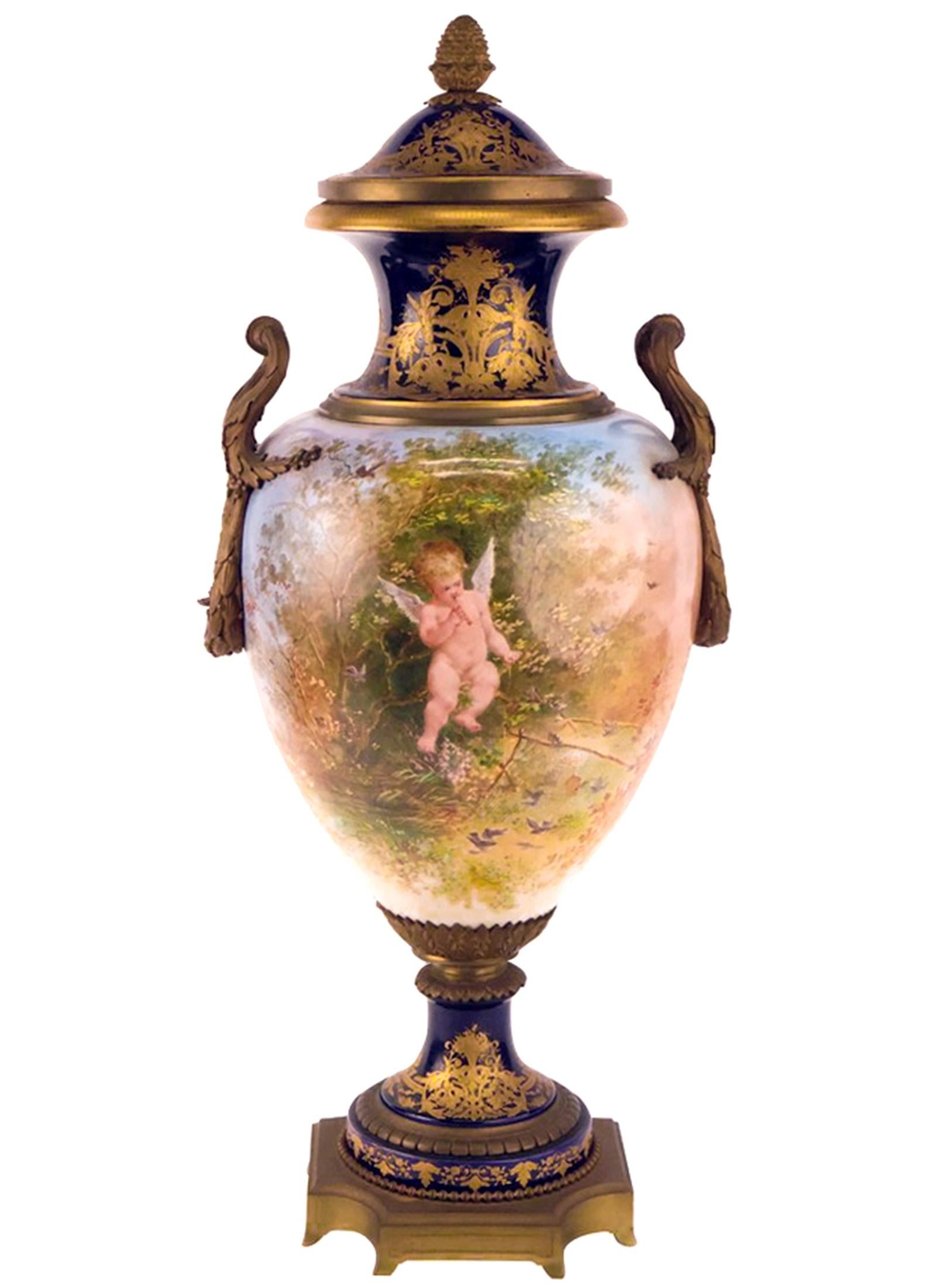 Rococo Sevres Ormolu-Mounted Covered Vase of Cupid and Cherubs For Sale