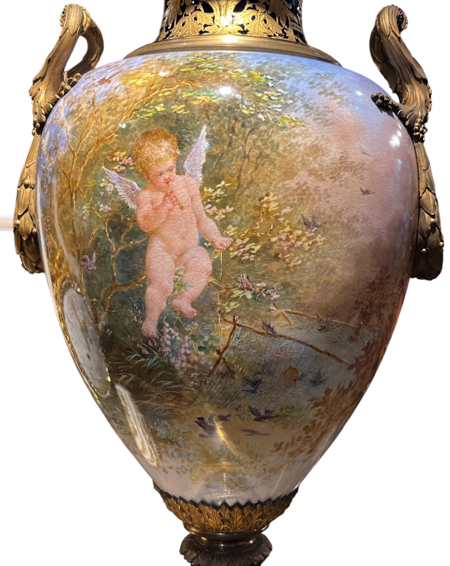 French Sevres Ormolu-Mounted Covered Vase of Cupid and Cherubs For Sale