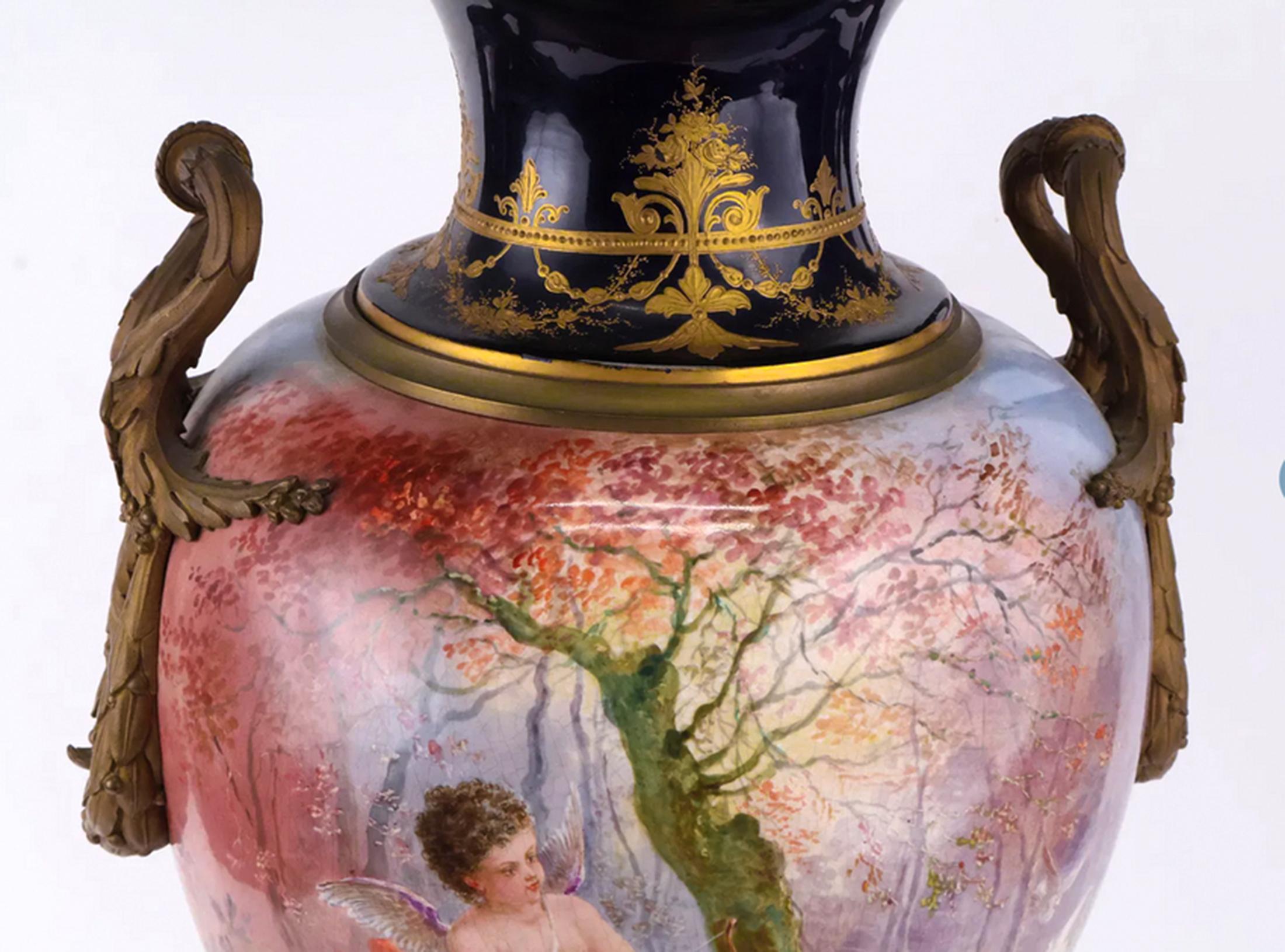 19th Century Sevres Ormolu-Mounted Covered Vase of Cupid and Cherubs For Sale