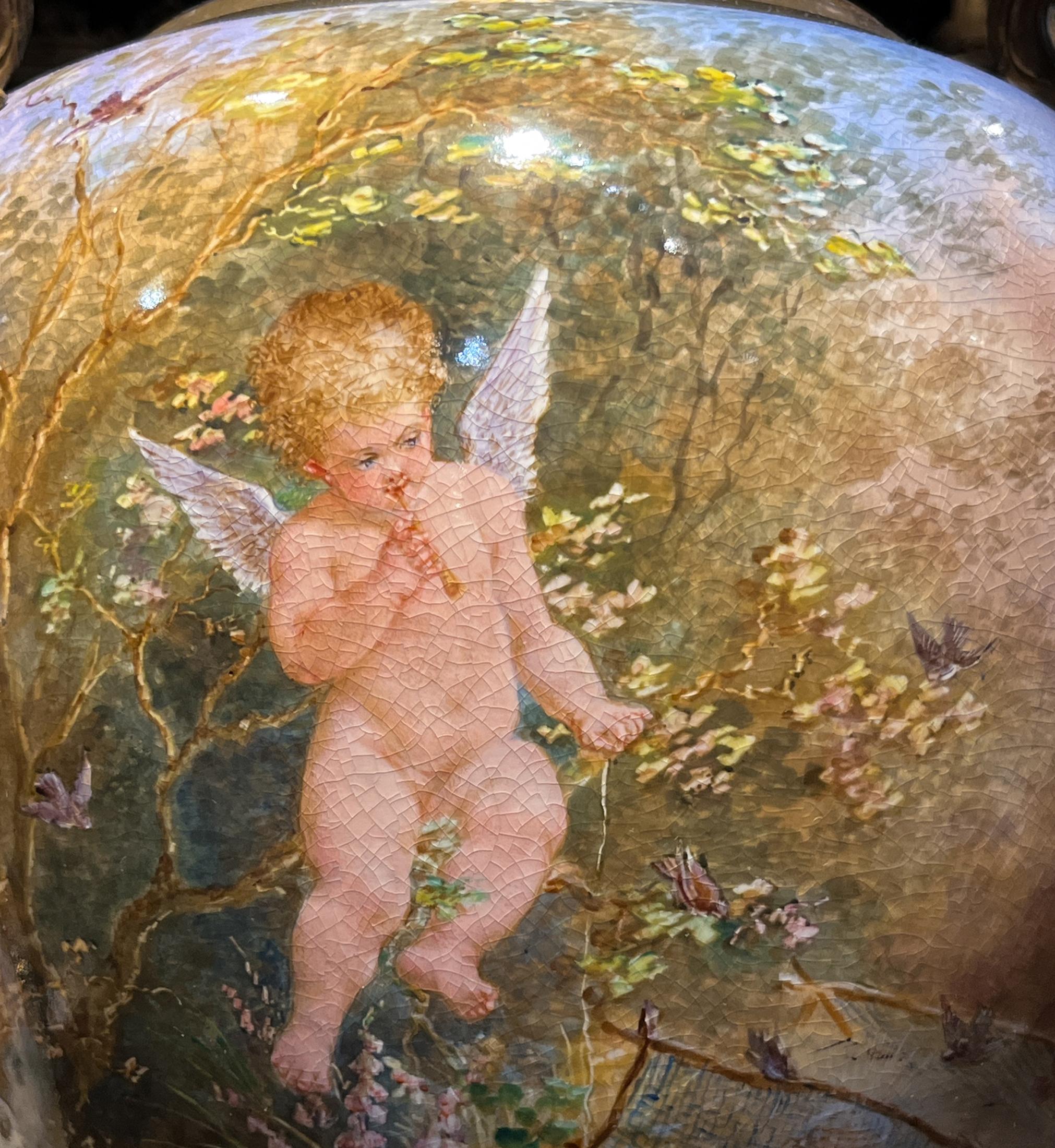 Hand-Painted Sevres Ormolu-Mounted Covered Vase of Cupid and Cherubs For Sale