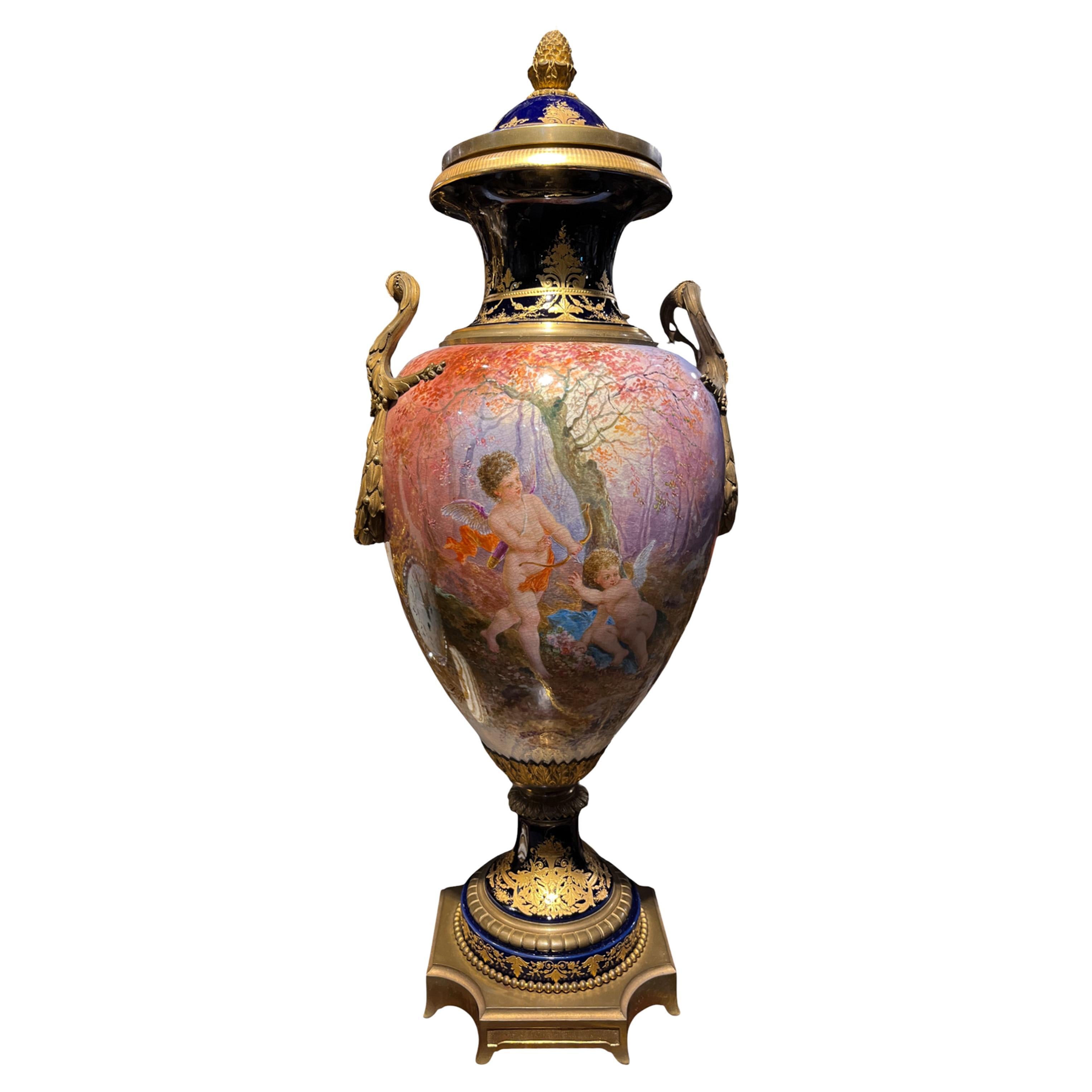 Sevres Ormolu-Mounted Covered Vase of Cupid and Cherubs For Sale