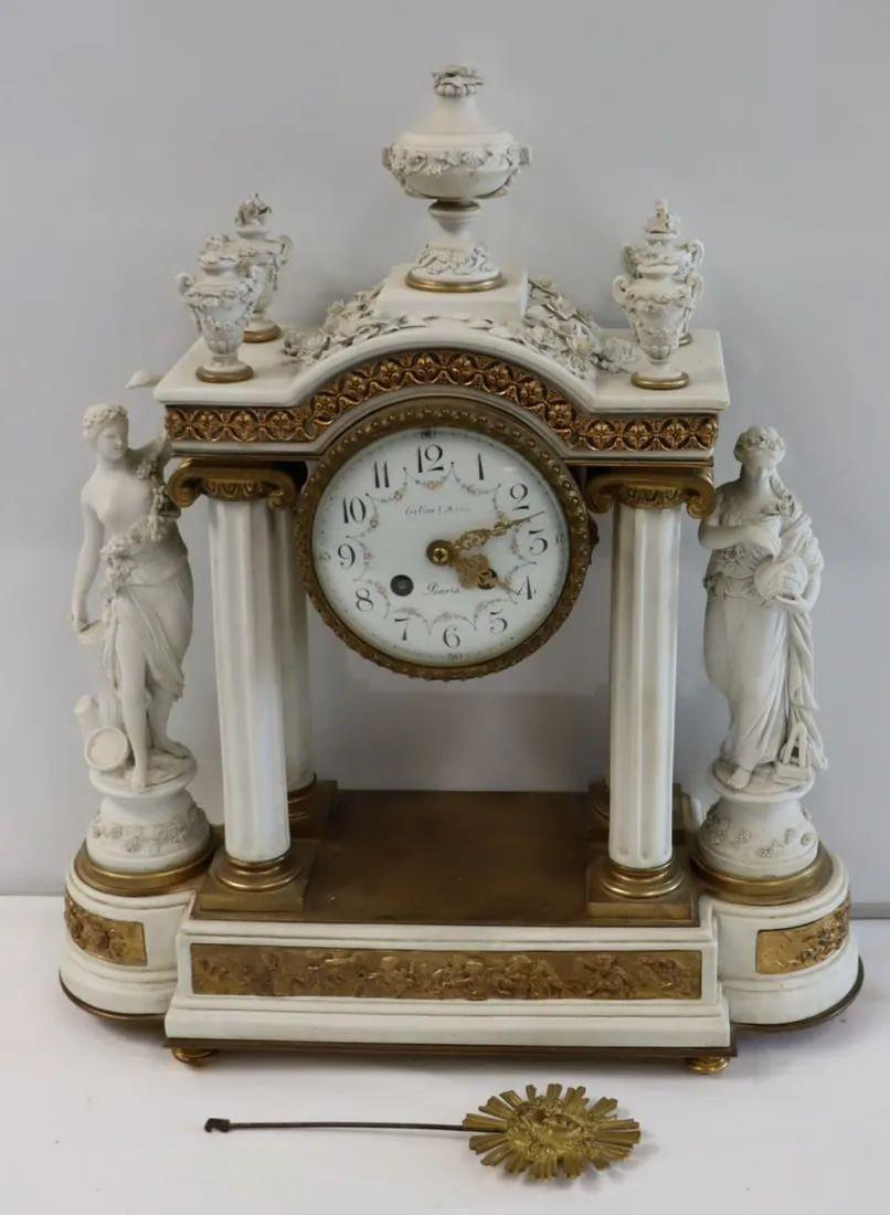 Sèvres Parian Attr, Louis XV, French Porcelain, Bronze and Parian French Mantle or Desk Clock, Paris

Sevres attributed Parian full figured maidens flank this finely crafted mantle clock set in a Roman courtyard. On bronze bun feet having a fully