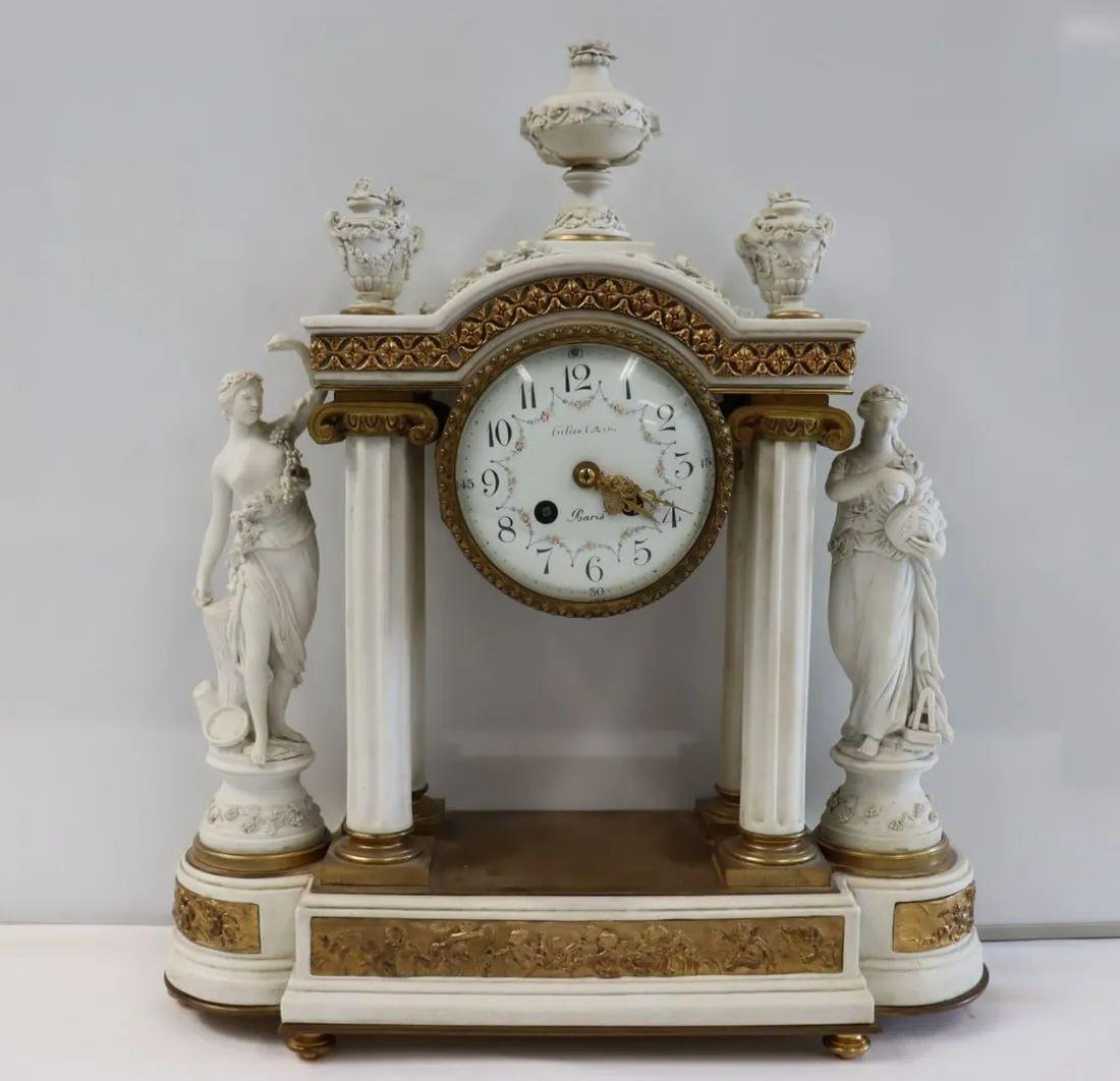 Sèvres Parian Attr, Louis XV, French Mantle Clock, Parian, Bronze, 19th Century In Good Condition For Sale In Manhasset, NY