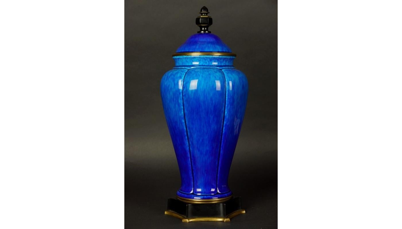 French Sevres Paul Milet Ceramic Art Deco Cobalt Blue Urn or Lidded Vase 1920-1930 For Sale