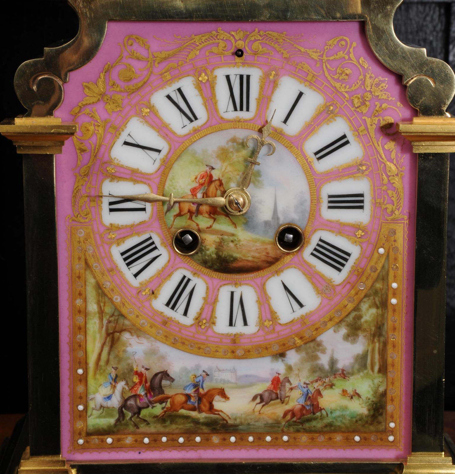 Sevres Pink Porcelain and Ormolu Antique French Clock Set Hunting Dogs & Horses 4