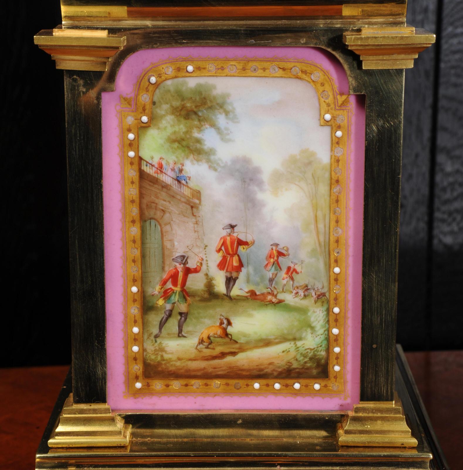 Sevres Pink Porcelain and Ormolu Antique French Clock Set Hunting Dogs & Horses 5