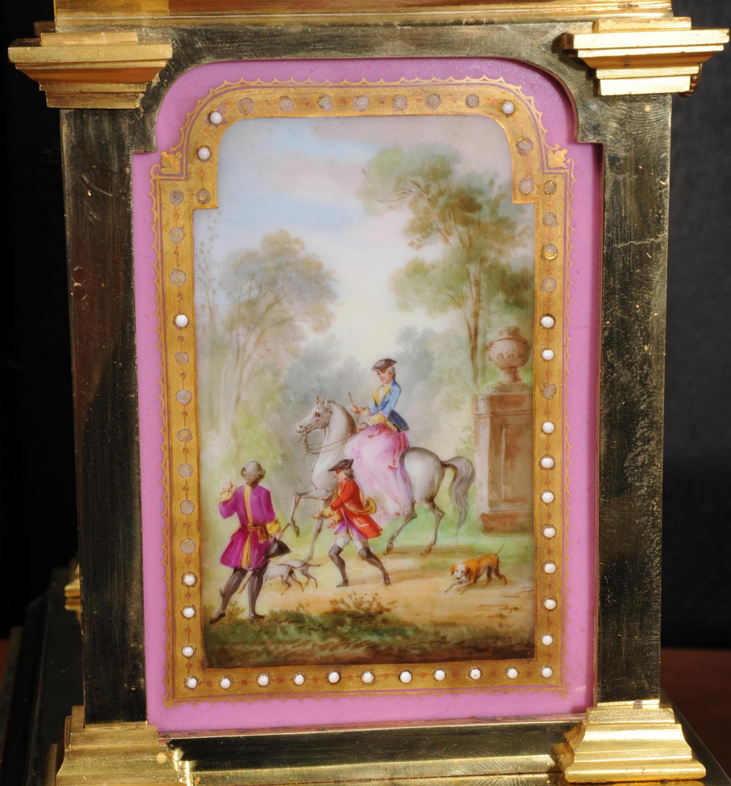 Sevres Pink Porcelain and Ormolu Antique French Clock Set Hunting Dogs & Horses 6