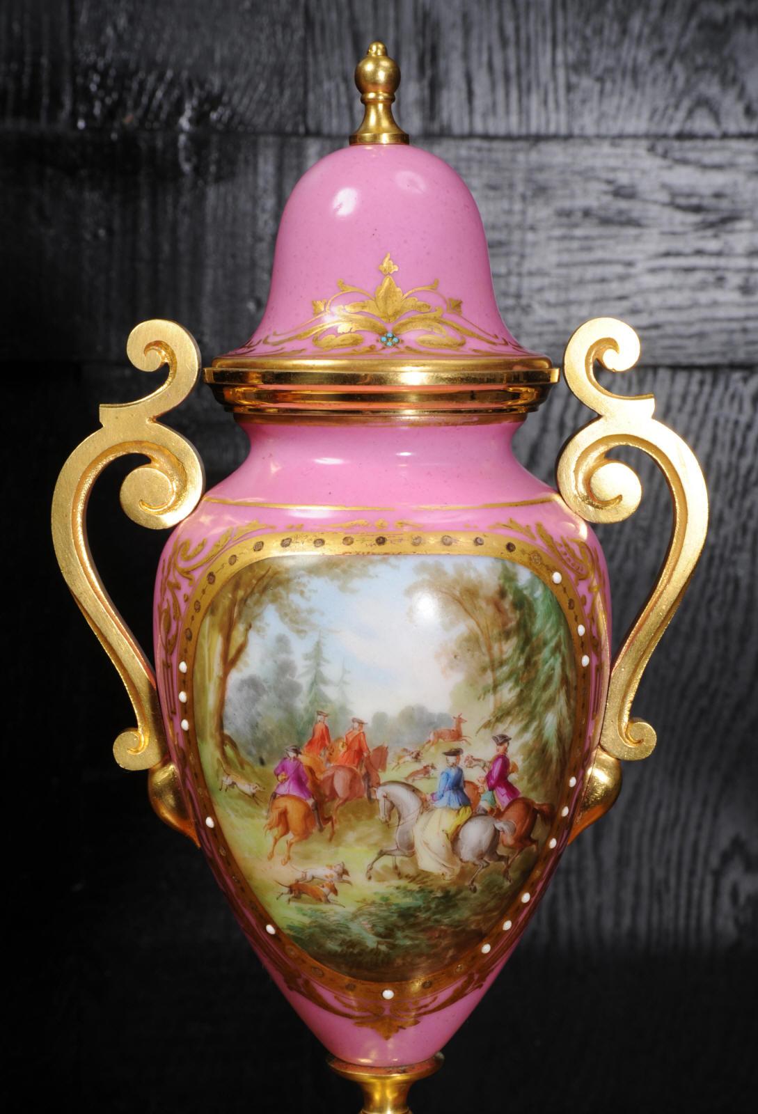 Sevres Pink Porcelain and Ormolu Antique French Clock Set Hunting Dogs & Horses 7