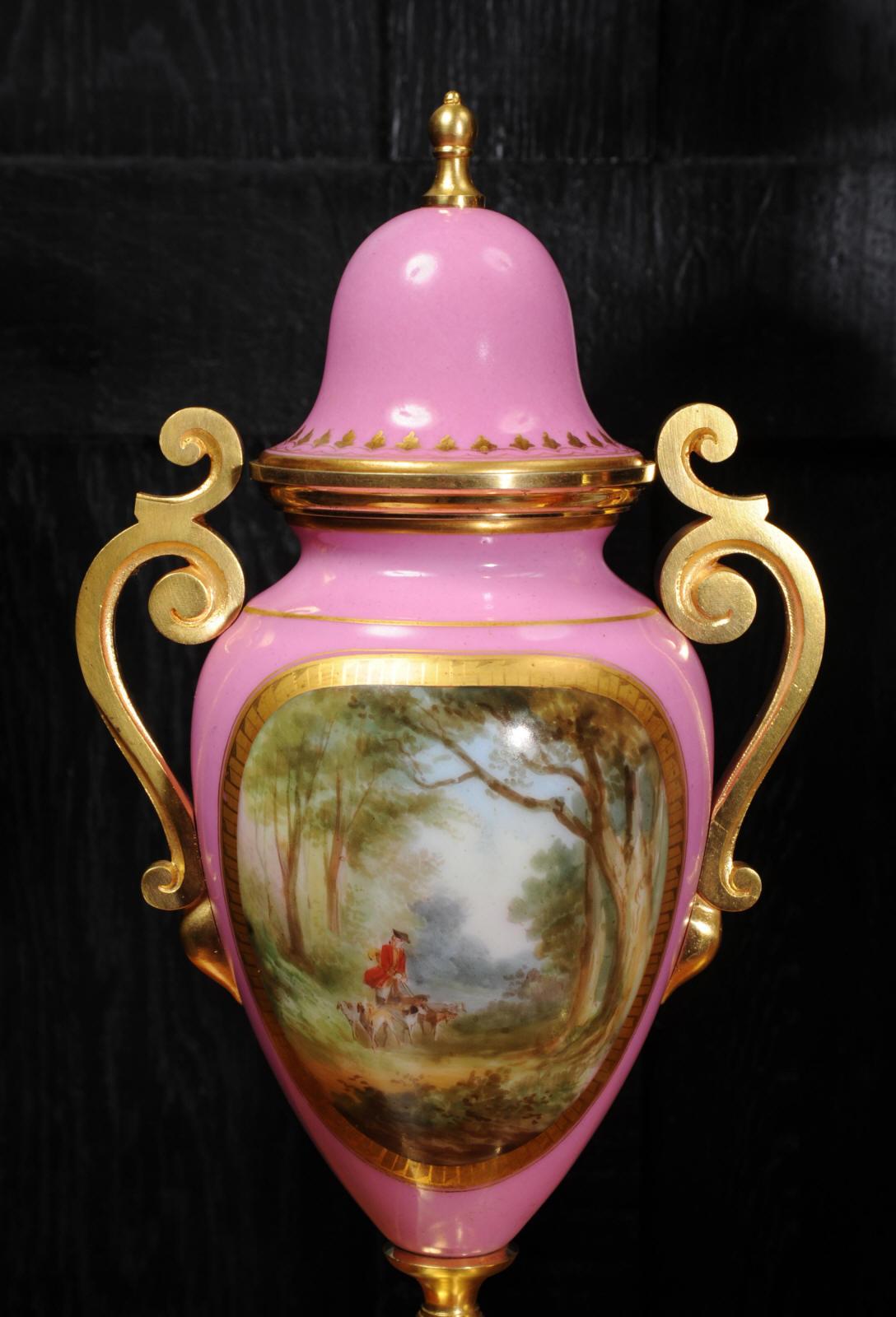 Sevres Pink Porcelain and Ormolu Antique French Clock Set Hunting Dogs & Horses 8