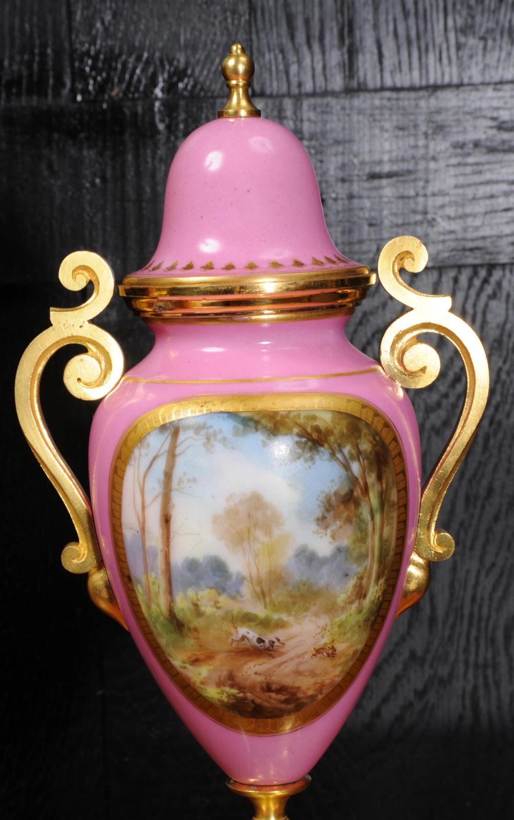 Sevres Pink Porcelain and Ormolu Antique French Clock Set Hunting Dogs & Horses 9